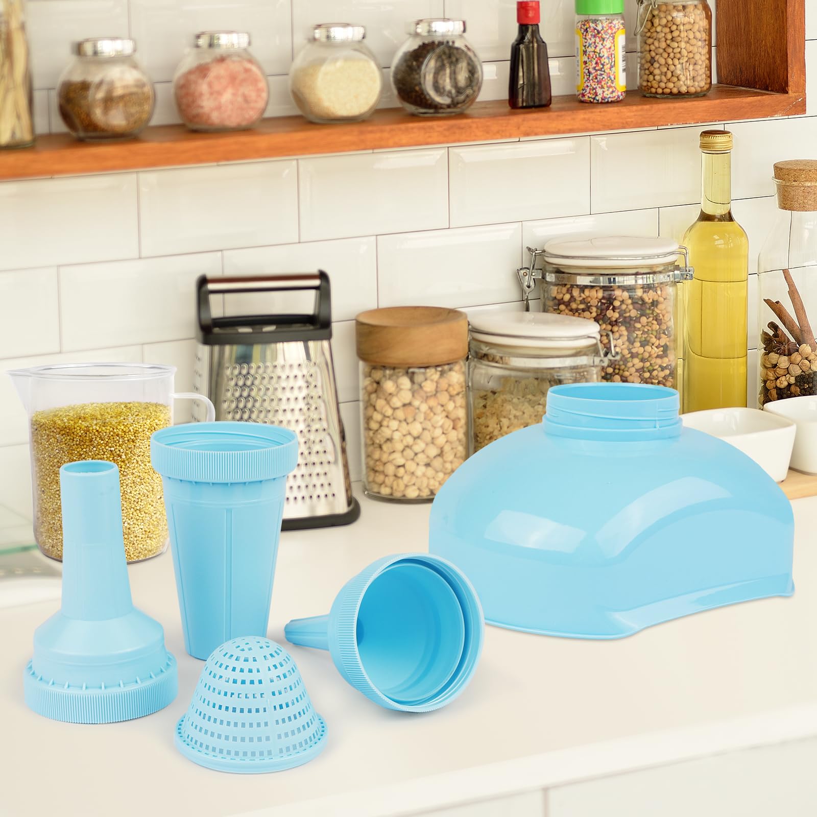 SSYR&P Embudo boca ancha, embudo cocina multiusos 4 en 1 con filtro extraíble, plástico de calidad alimentaria, apto para lavavajillas, para llenar tarros de boca ancha y regulares,azul