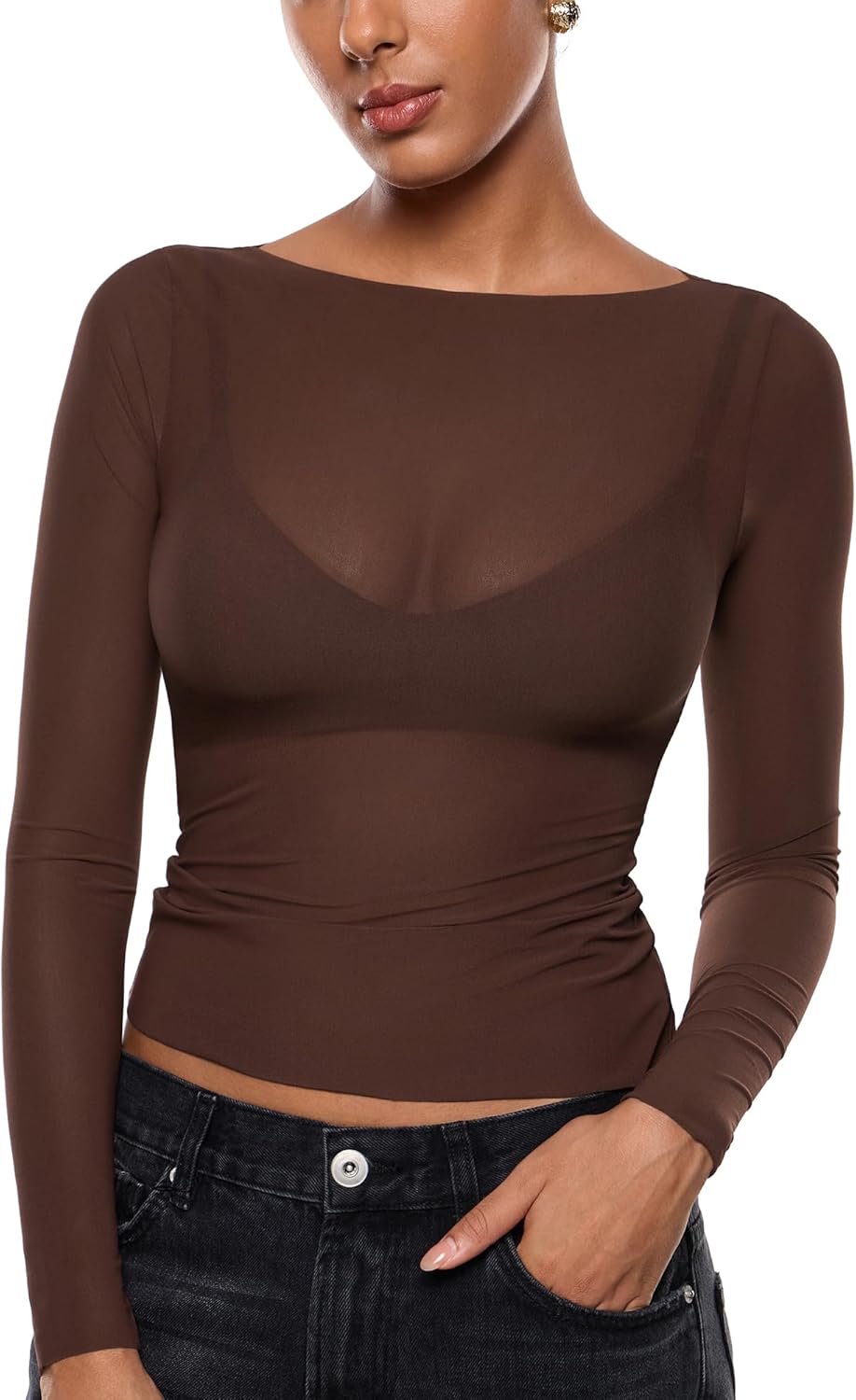 INLYRIC Women's Cosnufy Mesh Sheer Long Sleeve Tops See Through Boat Neck Going Out Tops Trendy Sexy Shirts