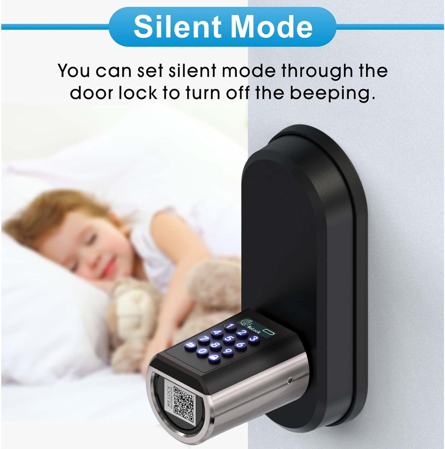 YOUDO Smart Lock in silent mode, showing a sleeping child in the background, indicating quiet operation.