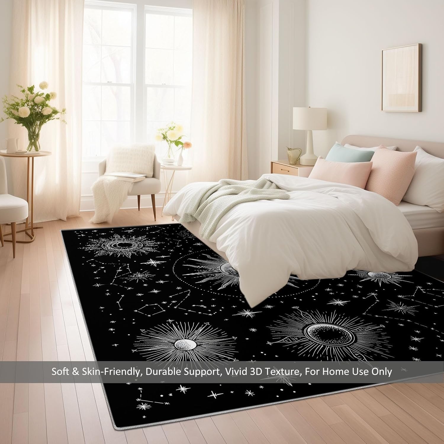 Astronomy Art Star Moon Area Rug 4 x 5 ft, Machine Washable Non-Slip Carpet - Stain-Resistant Non-Shedding Low-Pile Rug - Soft Faux Wool Black Carpet for Living Room Bedroom Decor