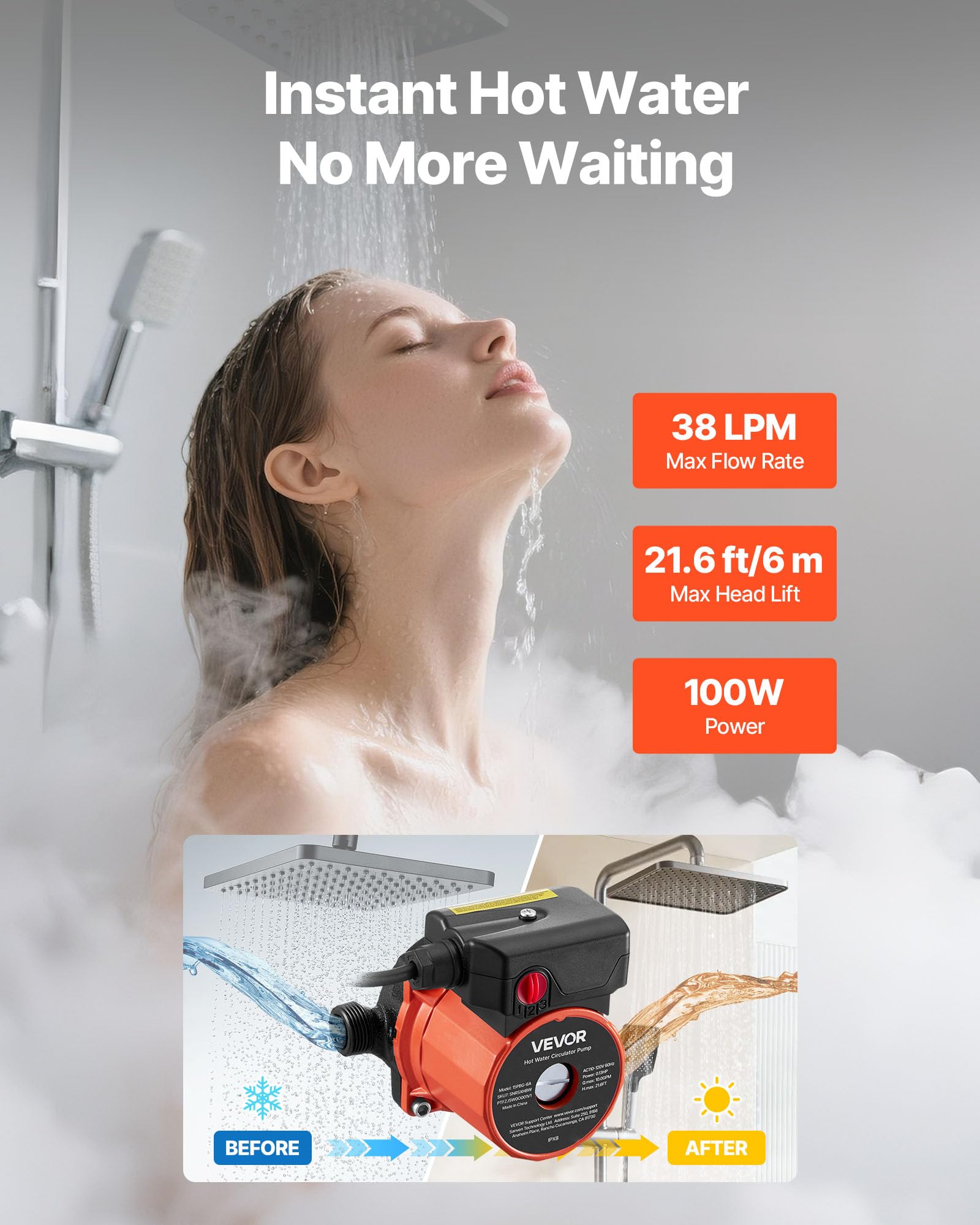 VEVOR Bomba de Circulación de Agua Caliente, 38 LPM, Sistema de Recirculación Instantánea, 3 Velocidades con Caudales de 2,13/1,69/1,21 m³/h, 100 W, Cabezal de Hierro Fundido, Naranja y Negro