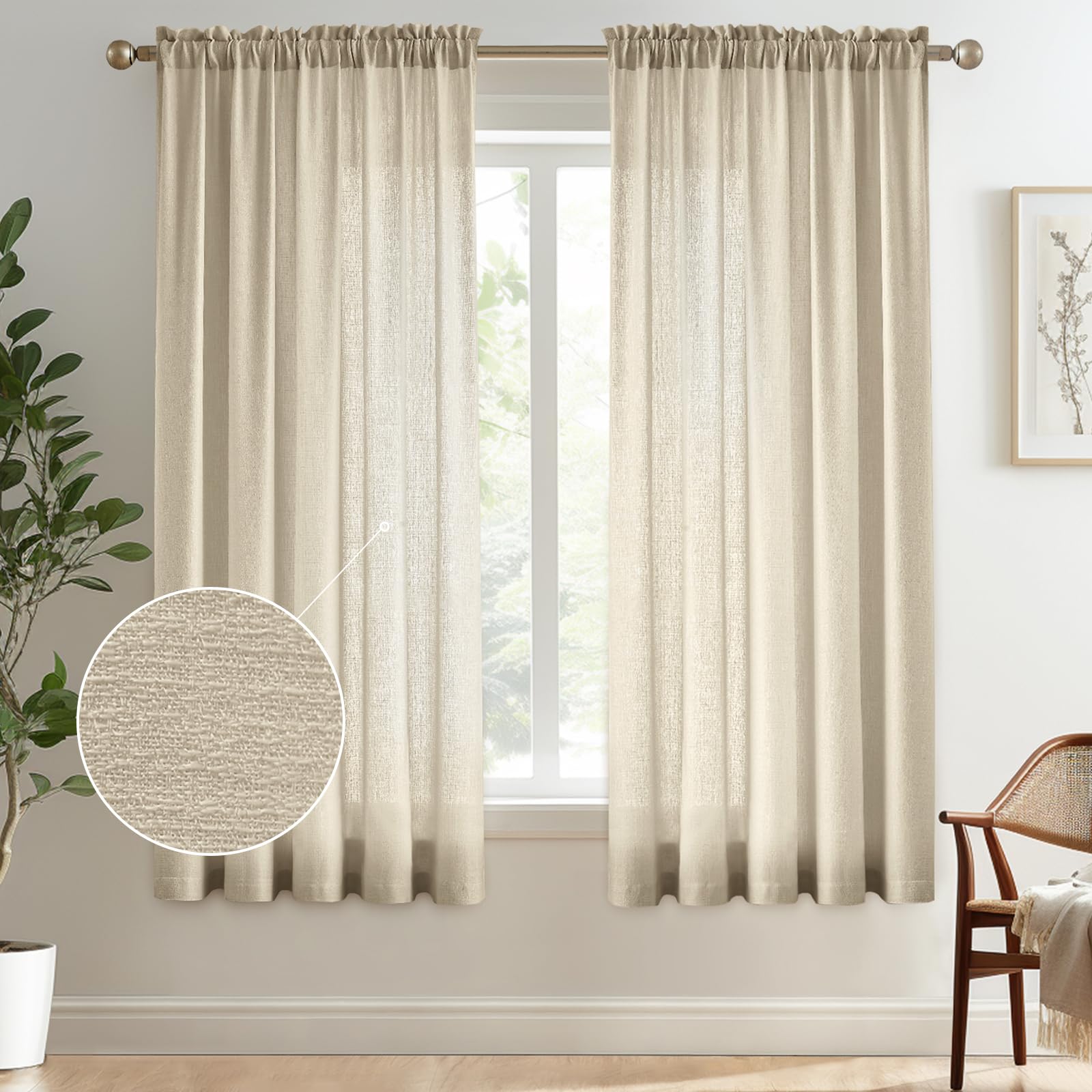 Rideaux texture lin marron clair 160 cm pour ambiance style ferme