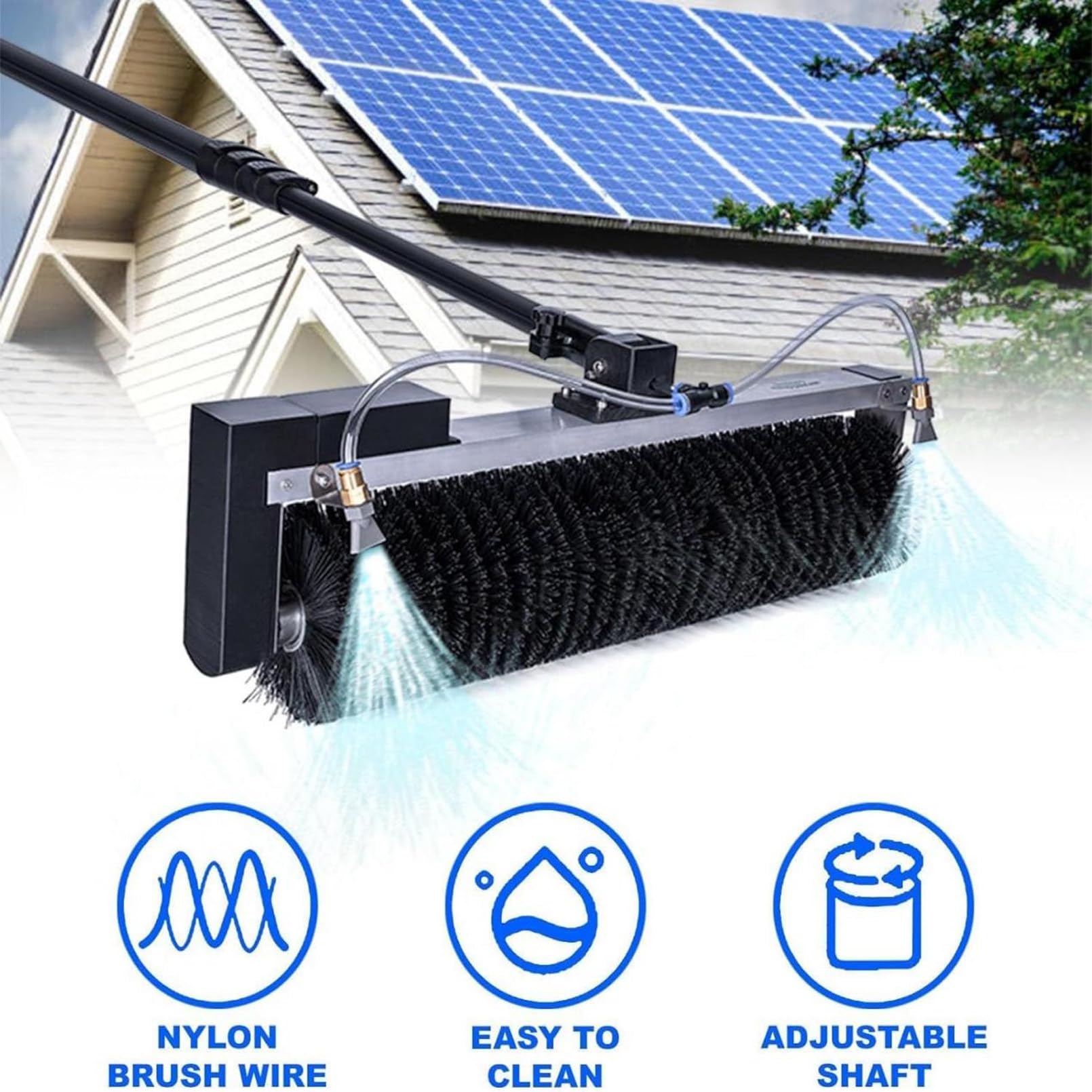 Cepillo de Limpieza para Paneles solares de 60 cm con Mango telescópico, Herramienta de Lavado a presión para Exteriores de 7,5 m, Limpiador de Rodillos eficiente para pa
