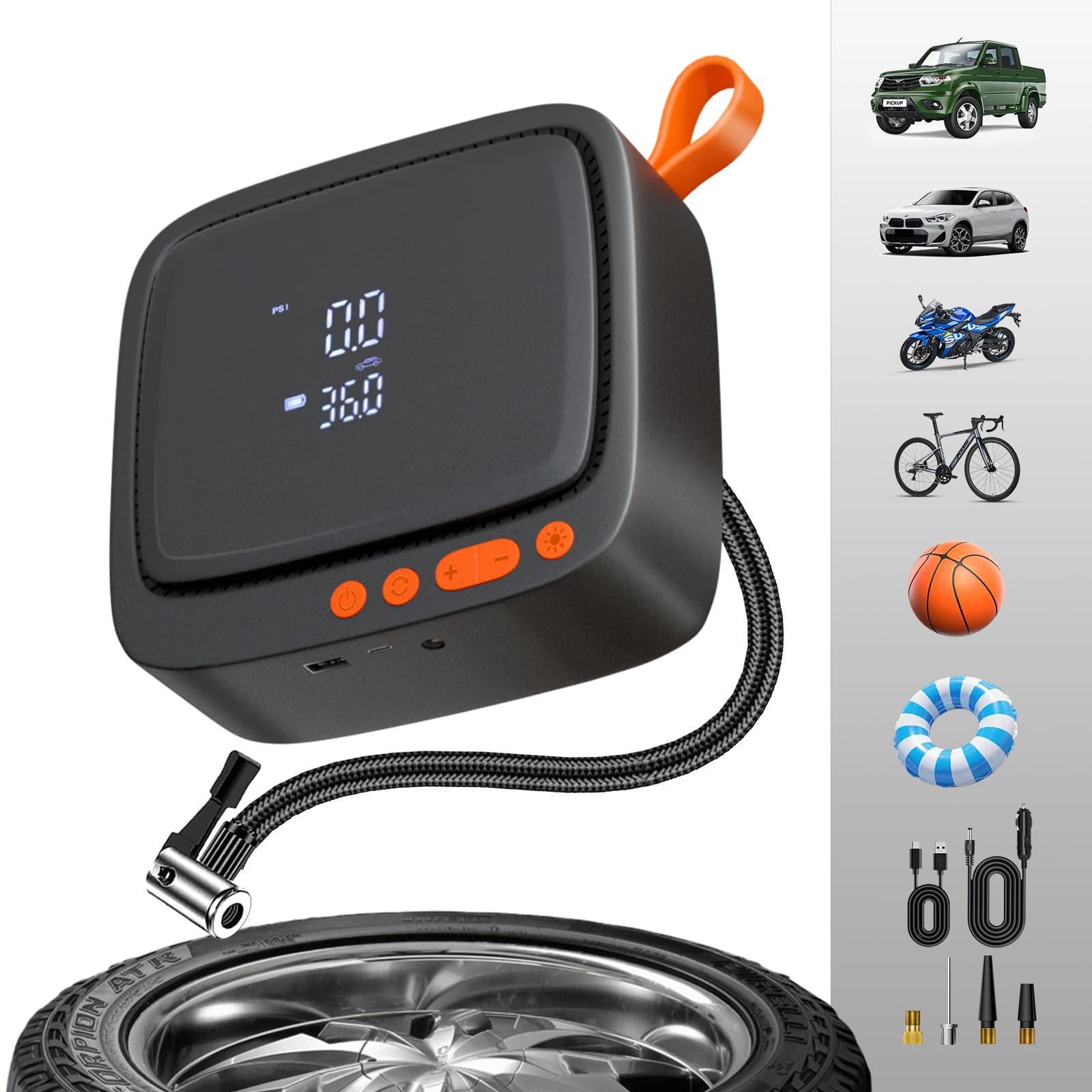 Baiikforza AP22 Tyre Inflator Portable Air Compressor, 150PSI Faster Inflation Cordless & Corded Mini Air Pump for Car Tires with Auto Shut-Off, Dual LCD Display, 3 LED Light Modes, Black
