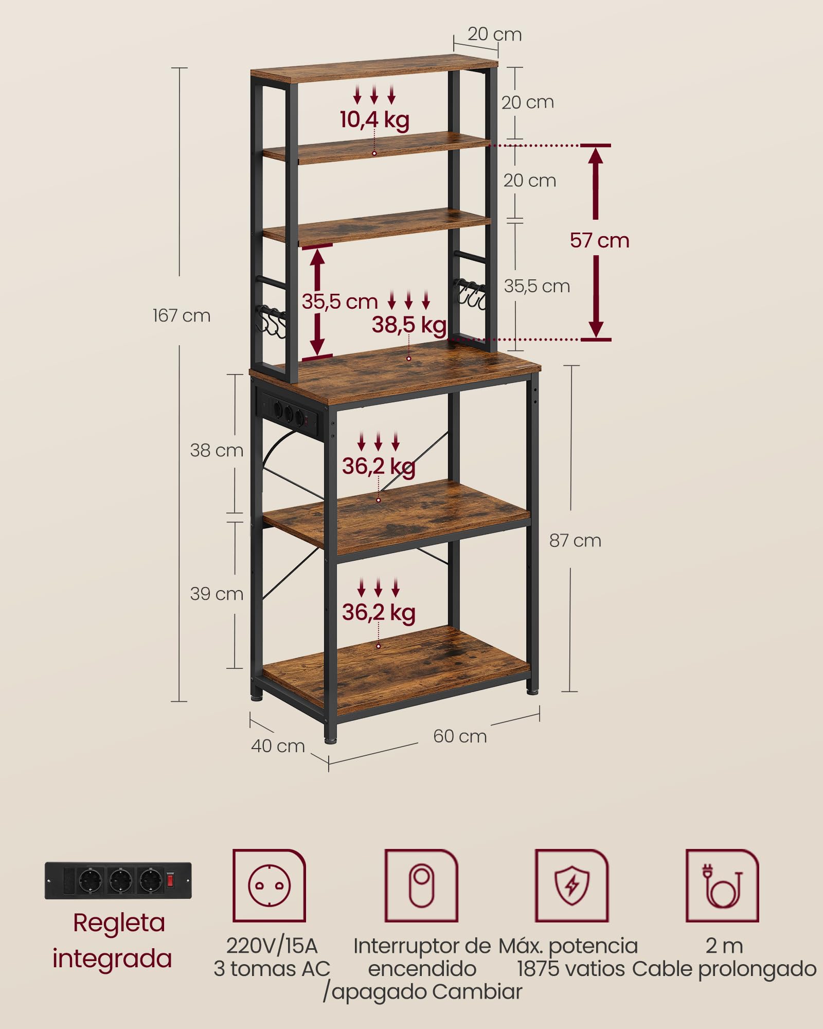VASAGLE Estantería de Cocina con Enchufes, Estantería de Pie para Cocina, Estantería para Microondas, 6 Estantes y 6 Ganchos, Marco de Acero, 40 x 60 x 167 cm, Marrón Rústico y Negro Tinta KKS124K01