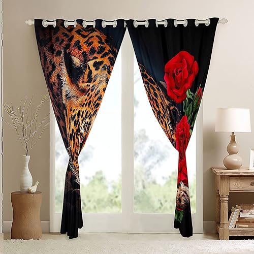 Miniatura 5 de Feelyou Cortinas de ventana de leopardo para dormitorio, sala de estar, cortinas florales florecientes de rosas rojas para niños, niñas, safari,