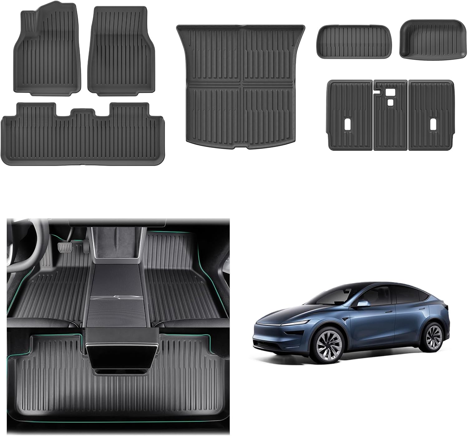 [9 Pack] GAFAT New Tesla Model Y Juniper 2025 2026 Front Floor Mats + Trunk, TPE All Weather, Model Y 2025 Rubber Floor Mats, High Edge Protection 360° Original 3D Scanning