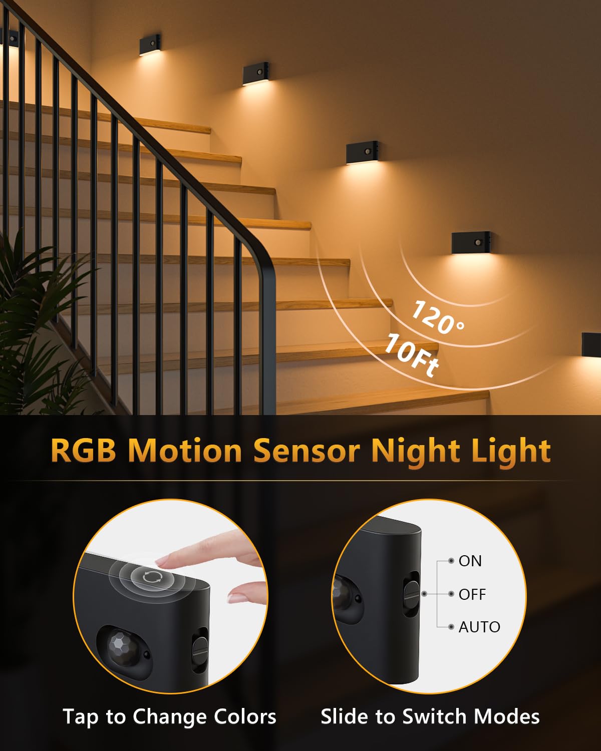 WILLED Nachtlicht Mit Bewegungsmelder, LED Treppenlicht mit Bewegungsmelder RGB & Warmweiß, 10 Stück Treppenbeleuchtung, Bewegungsmelder Licht für Treppe, Schlafzimmer, Flur, Küche, Badezimmer