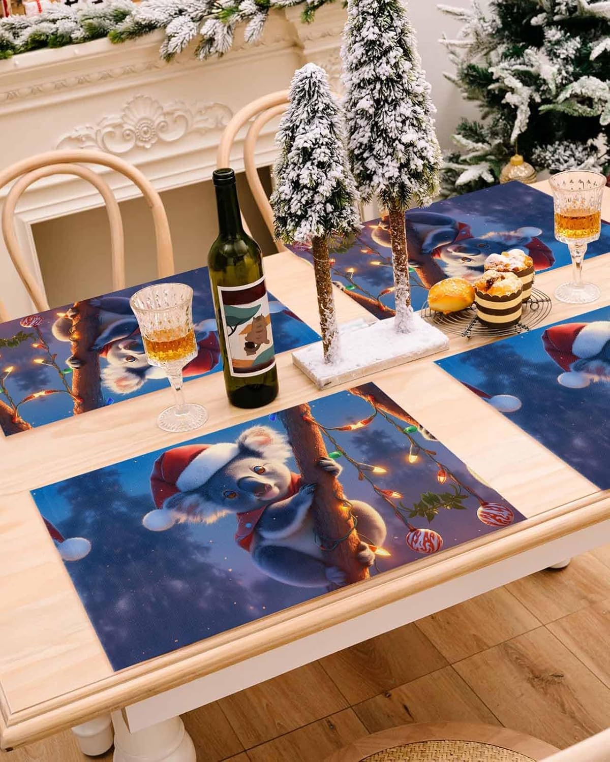 Christmas Placemats Set of 6 Cute Koala Wearing Santa Hat Christmas Placemats for Dining Table Christmas Ball Table Mat Winter Holiday Home Party Kitchen Table Decorations