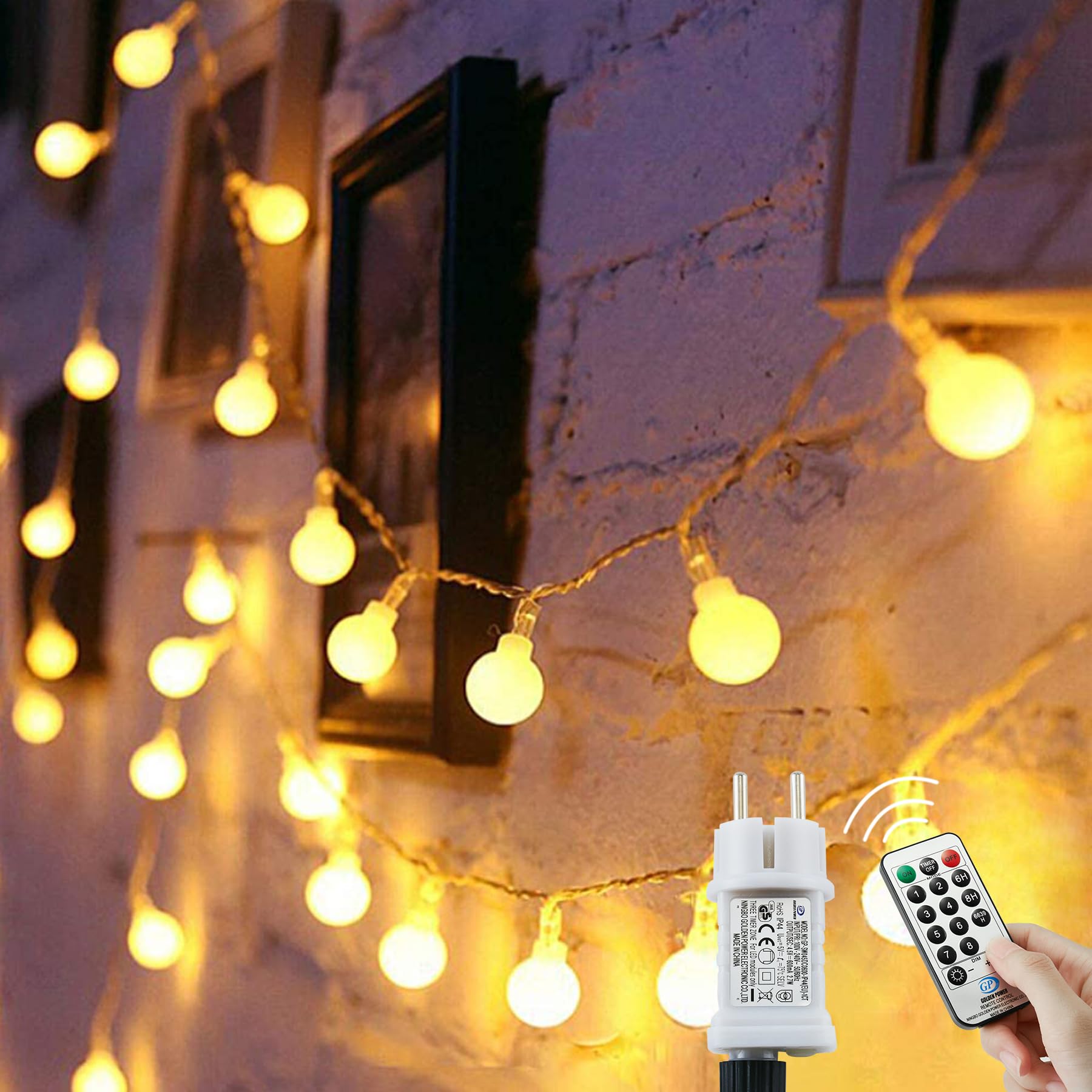 Augone 120 LED Lichterkette Kugel 15m, Partylichterkette mit Stecker für Innen und Außen,für Weihnachten, Hochzeit, Party, Garten(Warmweiß)