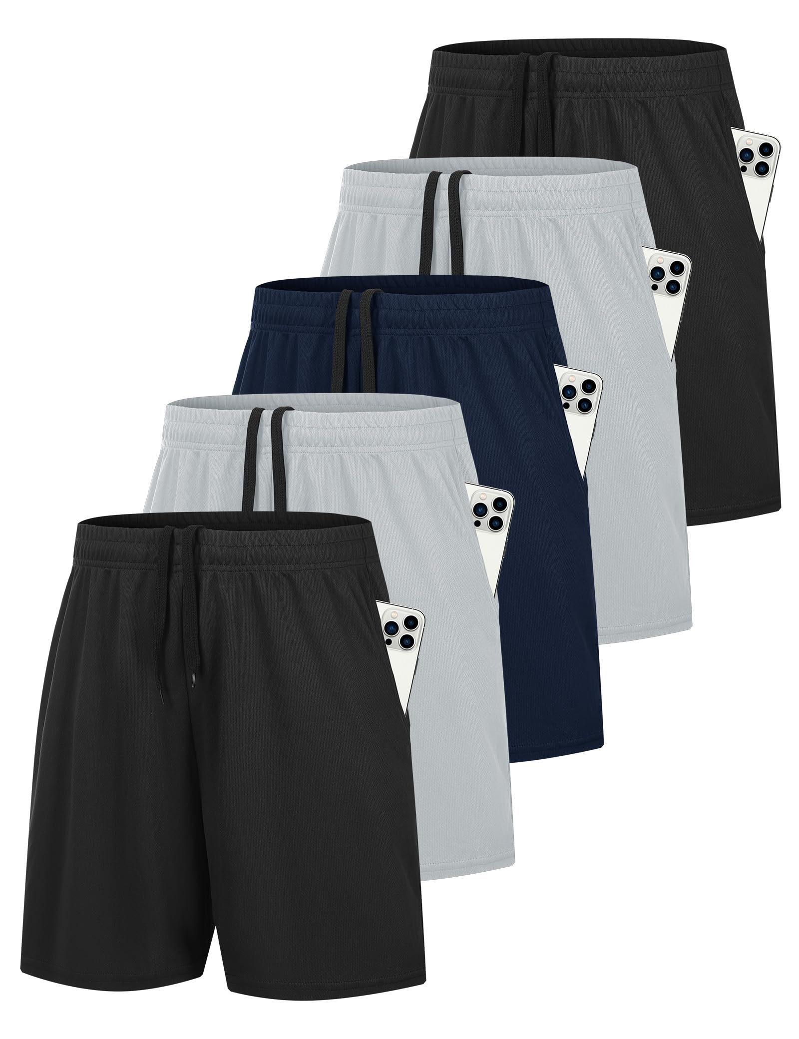 HOPLYNN 1 5 Pack Mens 7 Gym Athletic Shorts with Pockets Mesh Basketball Quick Dry Workout Shorts for