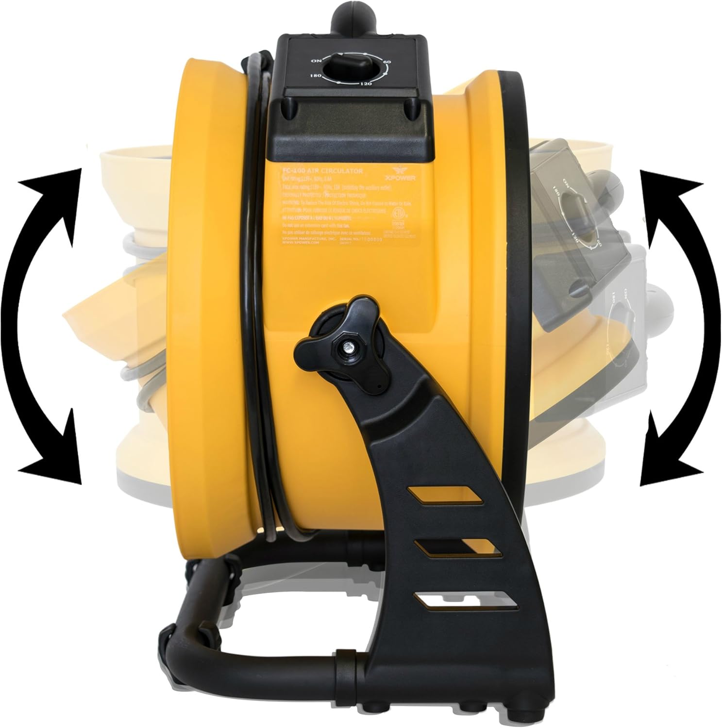 XPOWER FC-100 Air Mover side view with rotation arrows