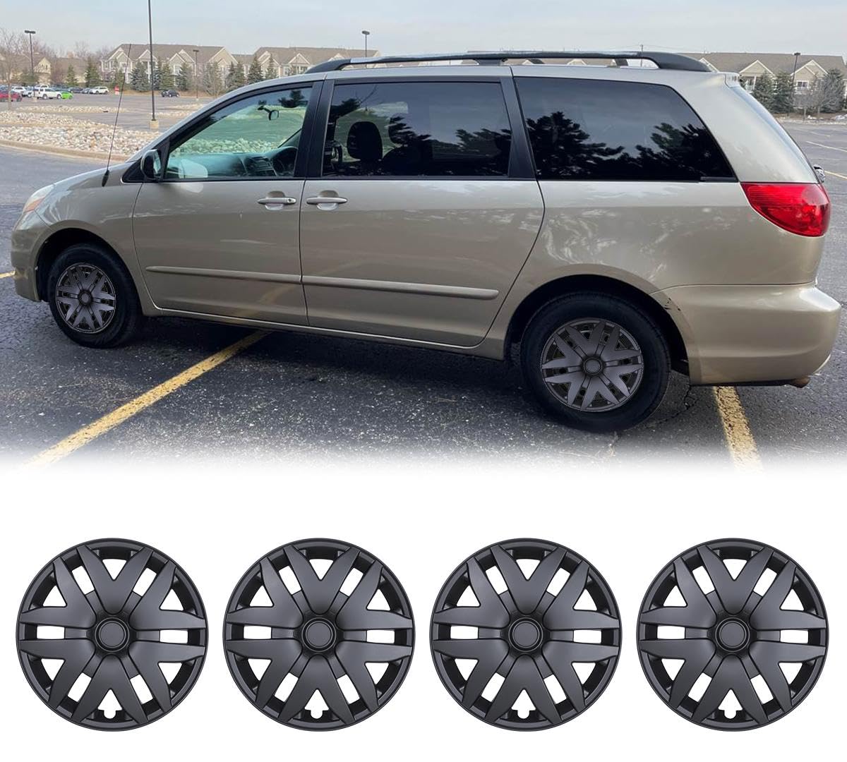 Winjet Wheel Covers Replacements 16'' Hubcaps for Toyota Sienna 2004-2010 Toyota Sienna Wheel Covers, Heavy Duty PP Material [Only Fit Iron Hub - Steel Wheel] (16 Inch Set of 4, Matte Black)