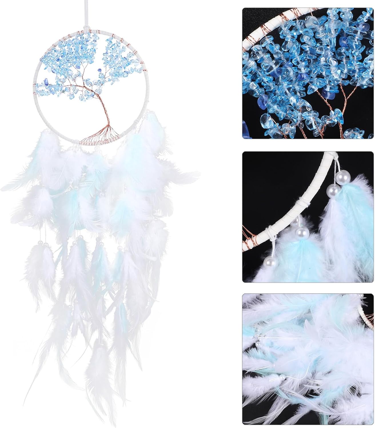 Life Tree Dreamcatcher Pendant with Crystals and Plumes, Handmade Indoor Wall Hanging Decor for Bedroom and Window, Romantic Boho Home Dream Catcher Accent