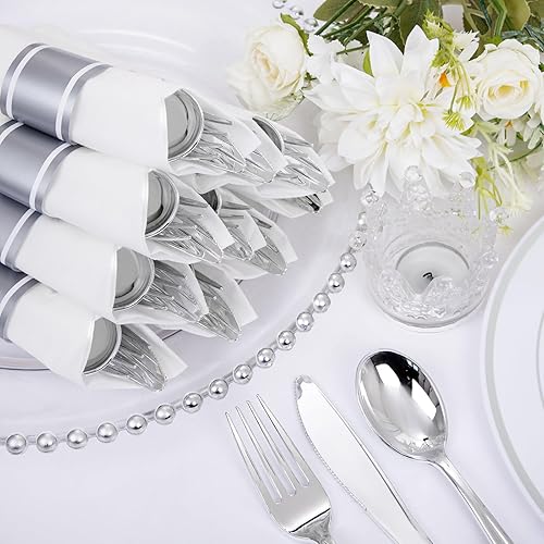 Vista 28 de Supernal Paquete de 60 servilletas preenrolladas con cubiertos de plástico dorado, juego de cubiertos desechables de primera calidad envueltos en Oro