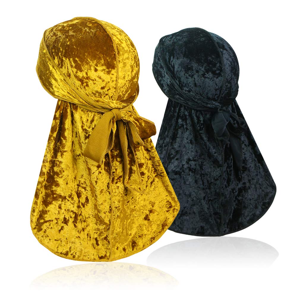 2 PCS Crushed Velvet Wave Durag Premium Soft Durag Headwear with Extra Long Tail Perfect for 360 Waves