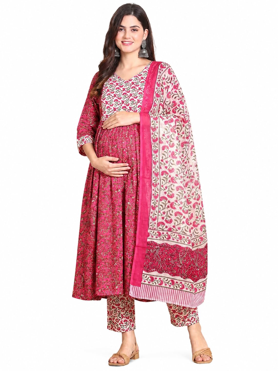 Women Viscose Rayon Anarkali Maternity and Nursing Kurta Set with Dupatta - Blue Floral and Geometric Pattern, 3/4 Sleeves, Comfortable Fit-image-7