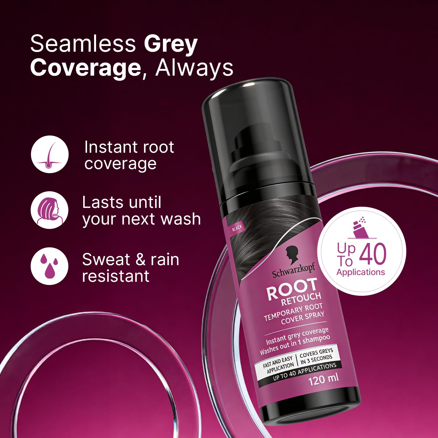 Schwarzkopf Root Retouch Instant Grey Hair Concealer Spray Sweat And Rain Resistant, Matte Finish Perfect Coverage | Upto 40 Fast and Easy Applications | Unisex| For All Hair Types, Black, 120ML 2