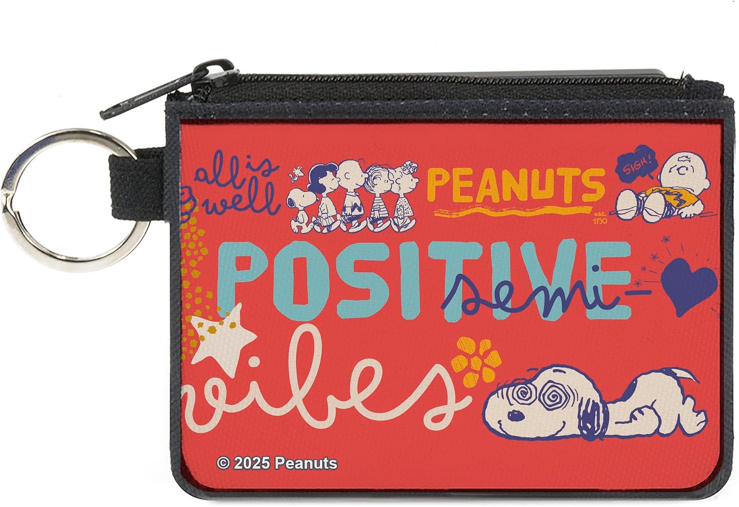 Buckle-Down Peanuts Wallet, Zip Pouch, Peanuts Gang Semi Positive Vibes Poses Red Blues White, Canvas