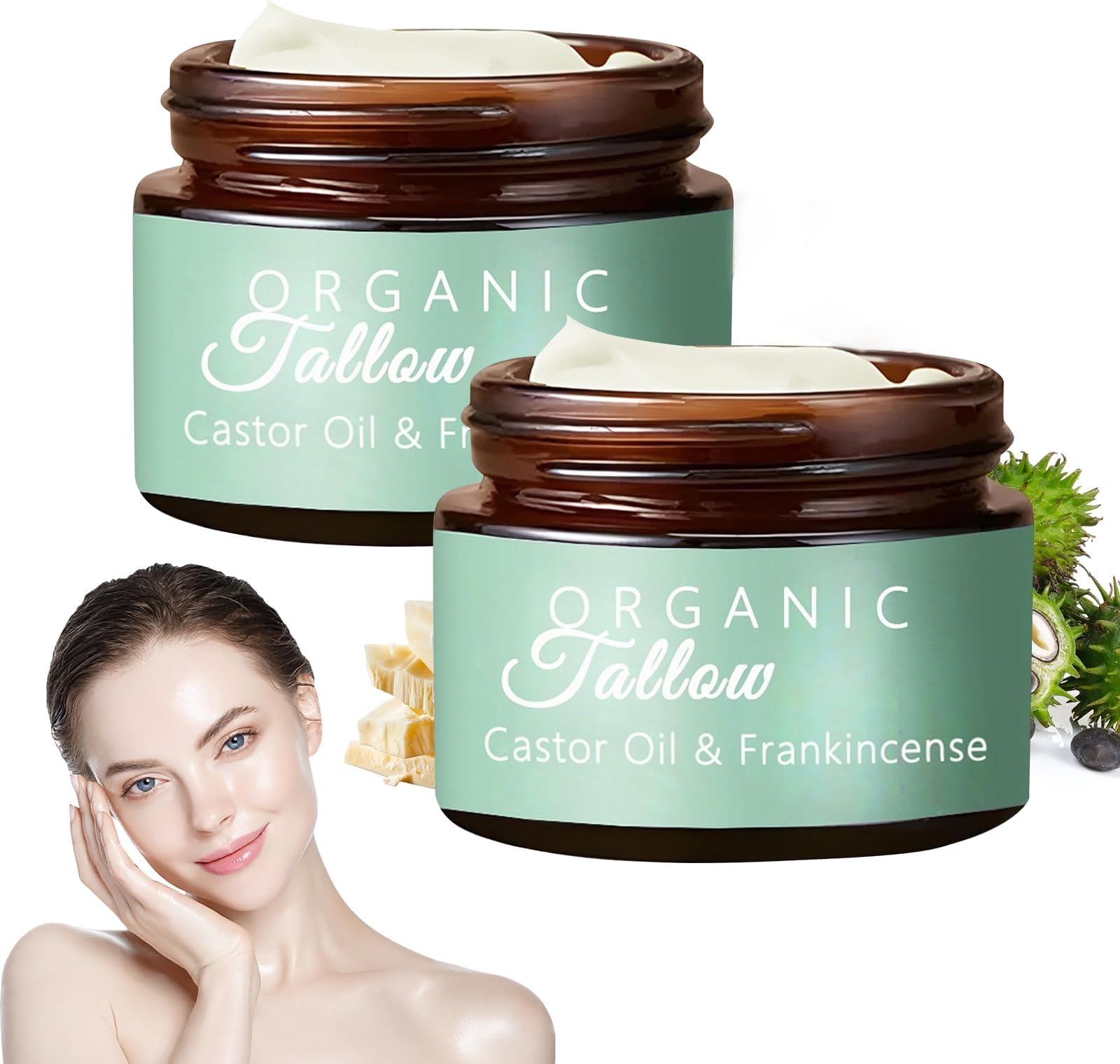 DaBao 2pcs Grass-fed Beef Tallow with Frankincense Oil & Castor oil, Organic Beef Tallow Moisturizer for Skin for Face, Body, All-Natural Organic Beef Tallow Moisturizer for Skin