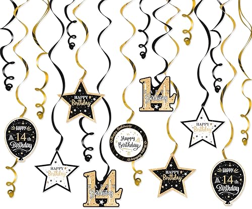 Miniatura 86 de Serpentinas de remolinos de cumpleaños feliz de 16 años con purpurina azul y plateada - Kit de 15 piezas de remolinos colgantes para el kit