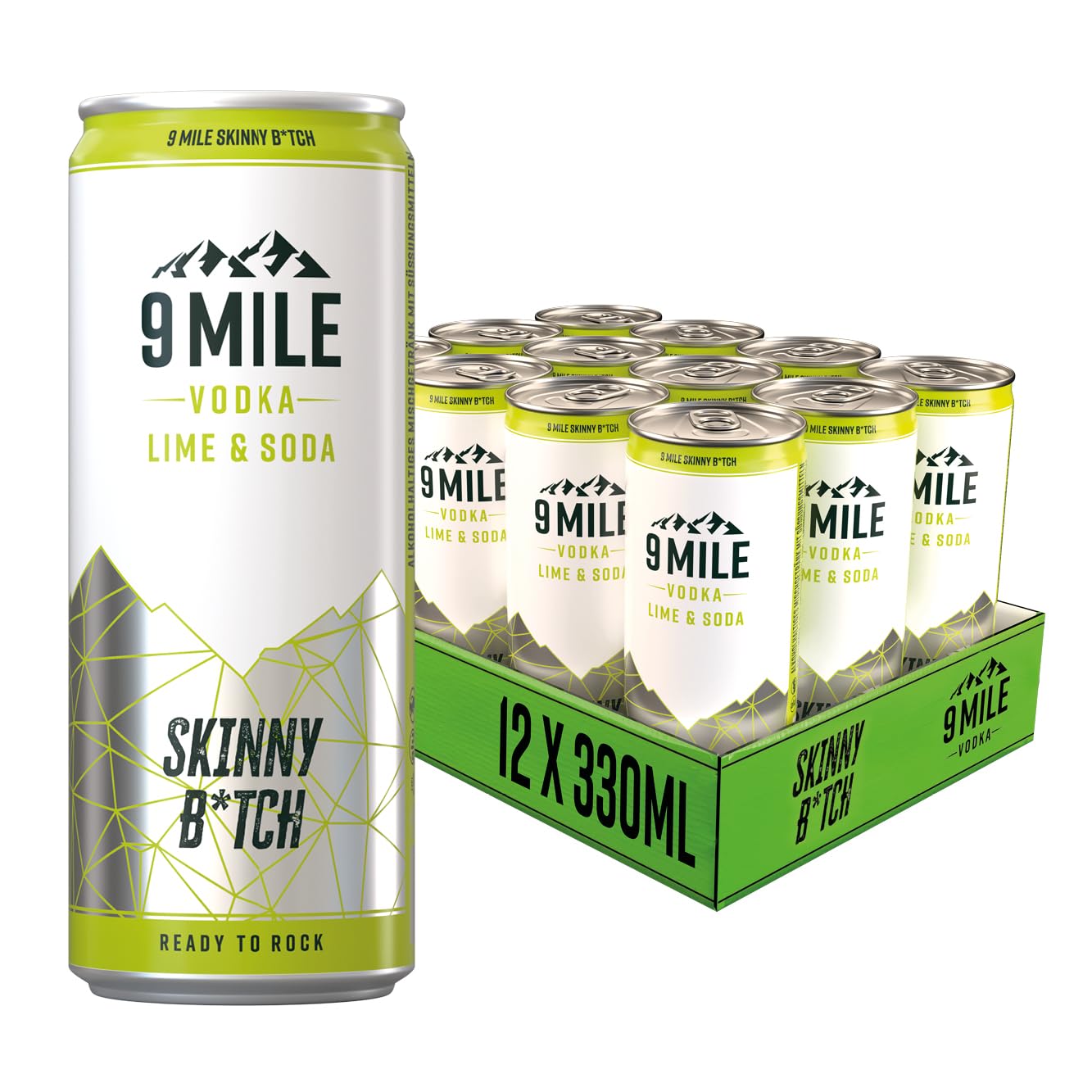 9 MILE Vodka Skinny B*tch Premix – Tray mit 12 x 330 ml Dosen Einweg, Premium Vodka Mixgetränk mit Soda & Limette, 10% Vol. Alkohol, kalorienarm, fertiggemixt – Ready-to-Drink Longdrink für unterwegs