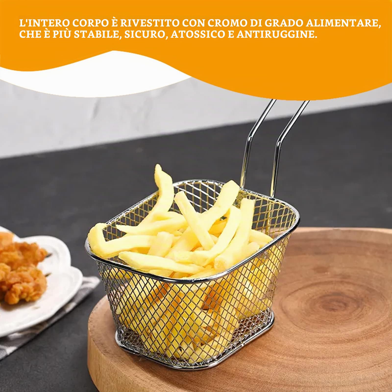 Sporgo 12 cestini per patatine fritte: piccoli cestini in acciaio inox color argento, per patatine fritte, cestini con manico, cestino per patatine fritte, anelli di cipolla, pepite di pollo (1)