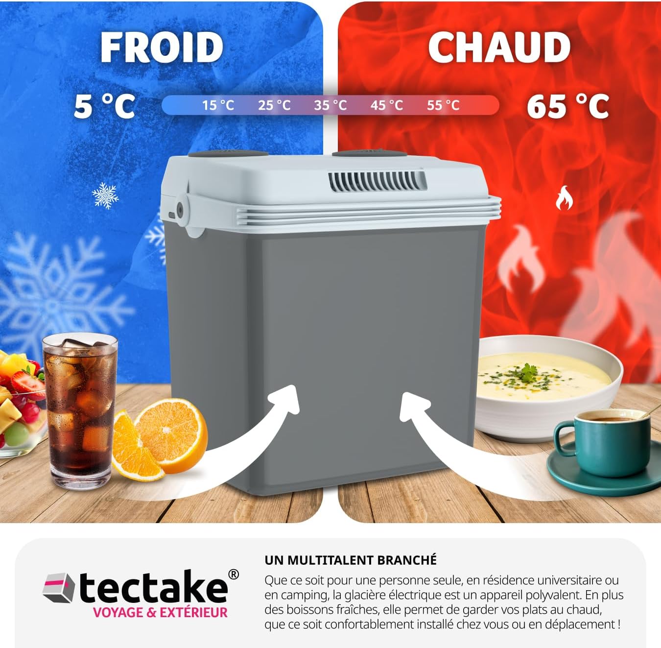 Graphic showing the TecTake Electric Cooler's cooling function at 5°C with cold drinks and heating function at 65°C with hot soup.
