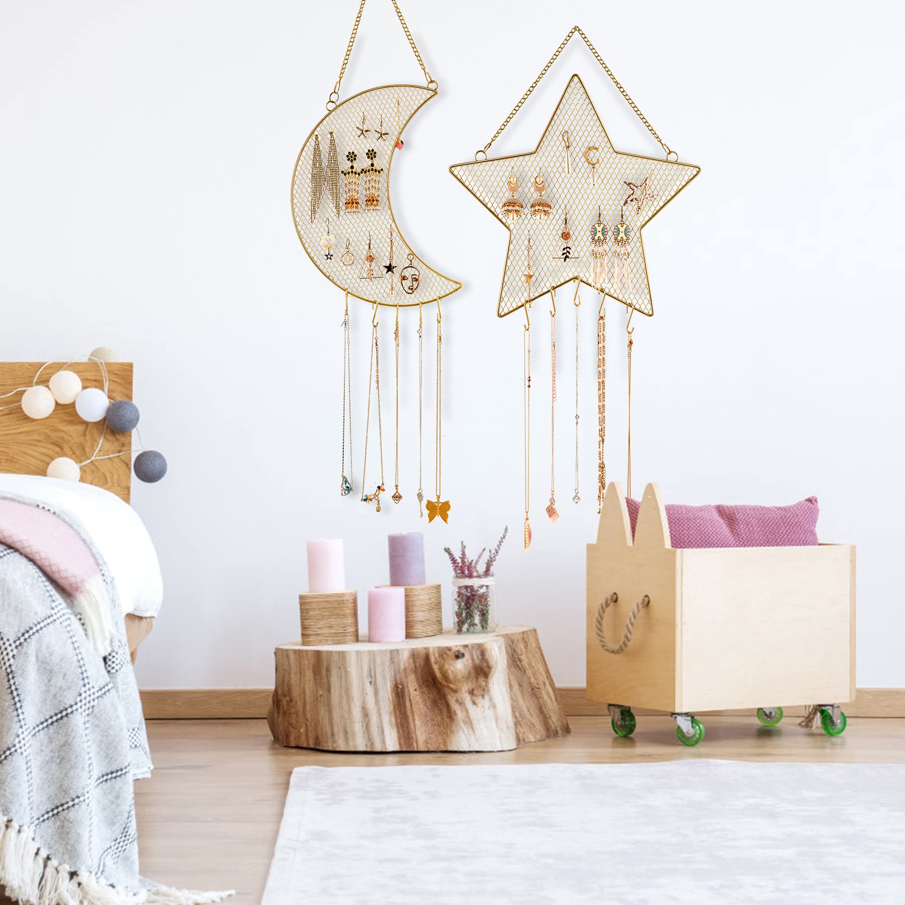 Ohrringhalter zum Aufhängen an der Wand, 2 Stück, Metallgitter, Stern- und Mondform, Schmuckständer, Geschenk für Frauen und Mädchen