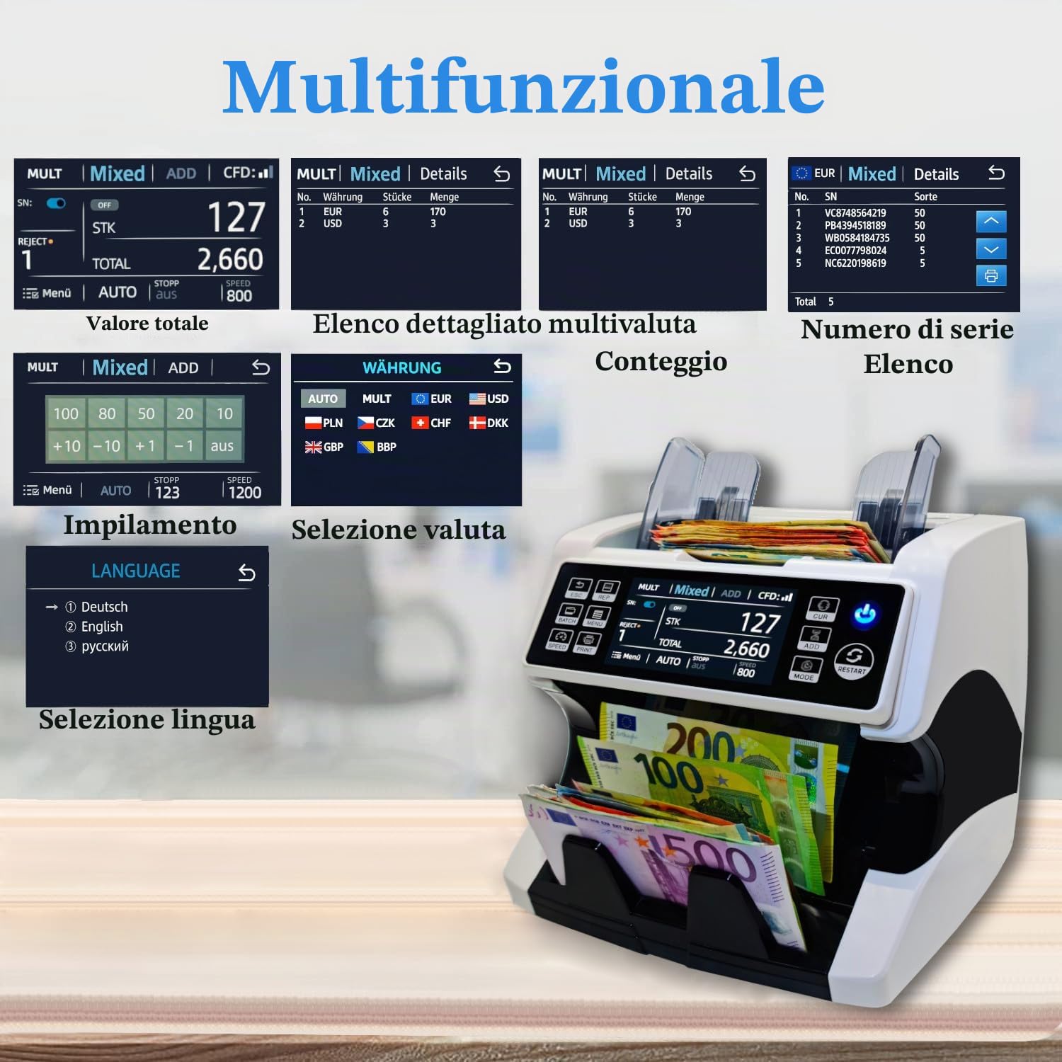 BEITZ BS-920A - Contatore di banconote con display cliente, testato ECB, tecnologia 2CIS, rilevamento 9 volte di denaro falso, offline e anonimo, contatore professionale con visualizzazione dei