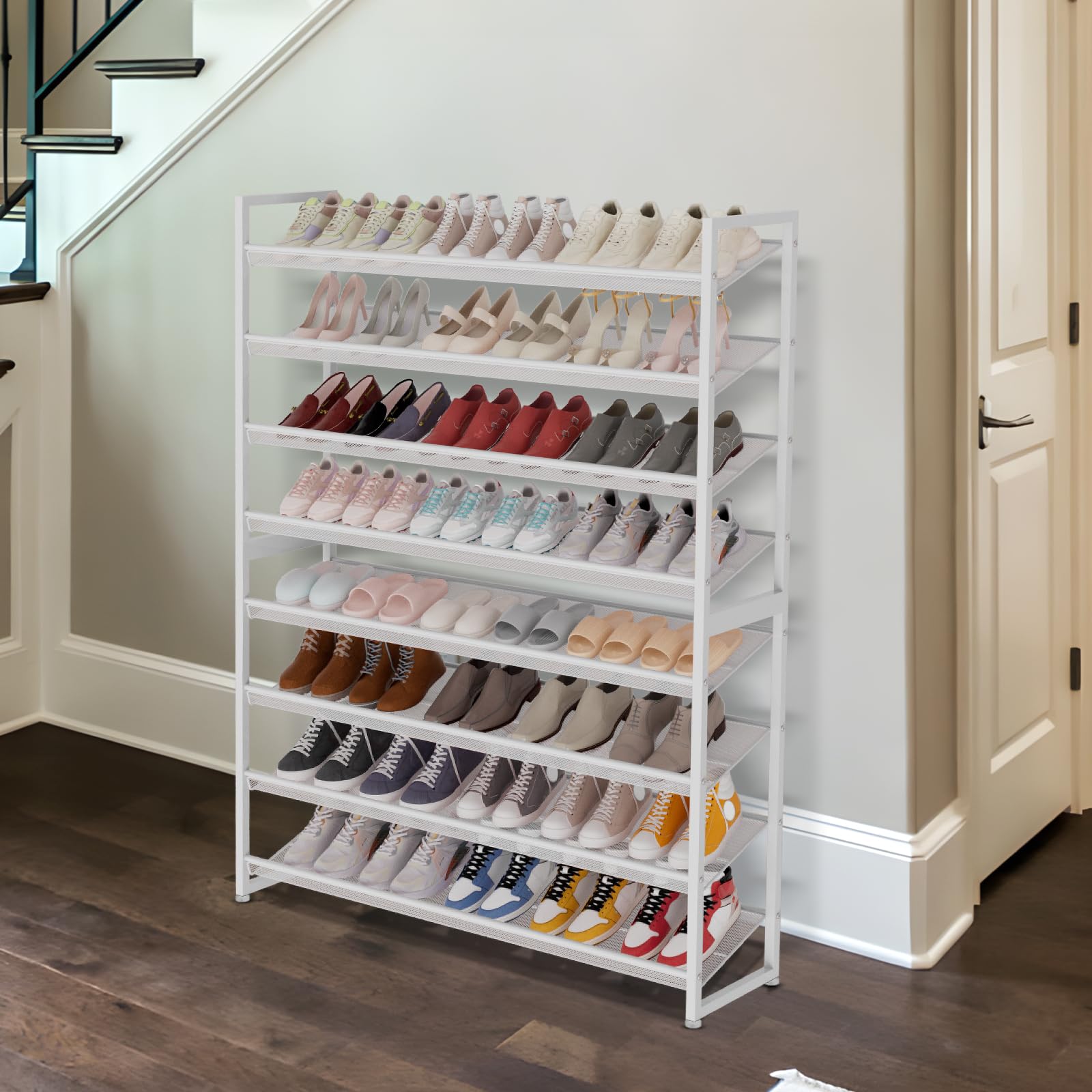Grande scarpiera organizer per scarpe, in metallo resistente, impilabile, verticale, per armadio, porta d'ingresso, fino a 50-62 paia (bianco, 8 ripiani)