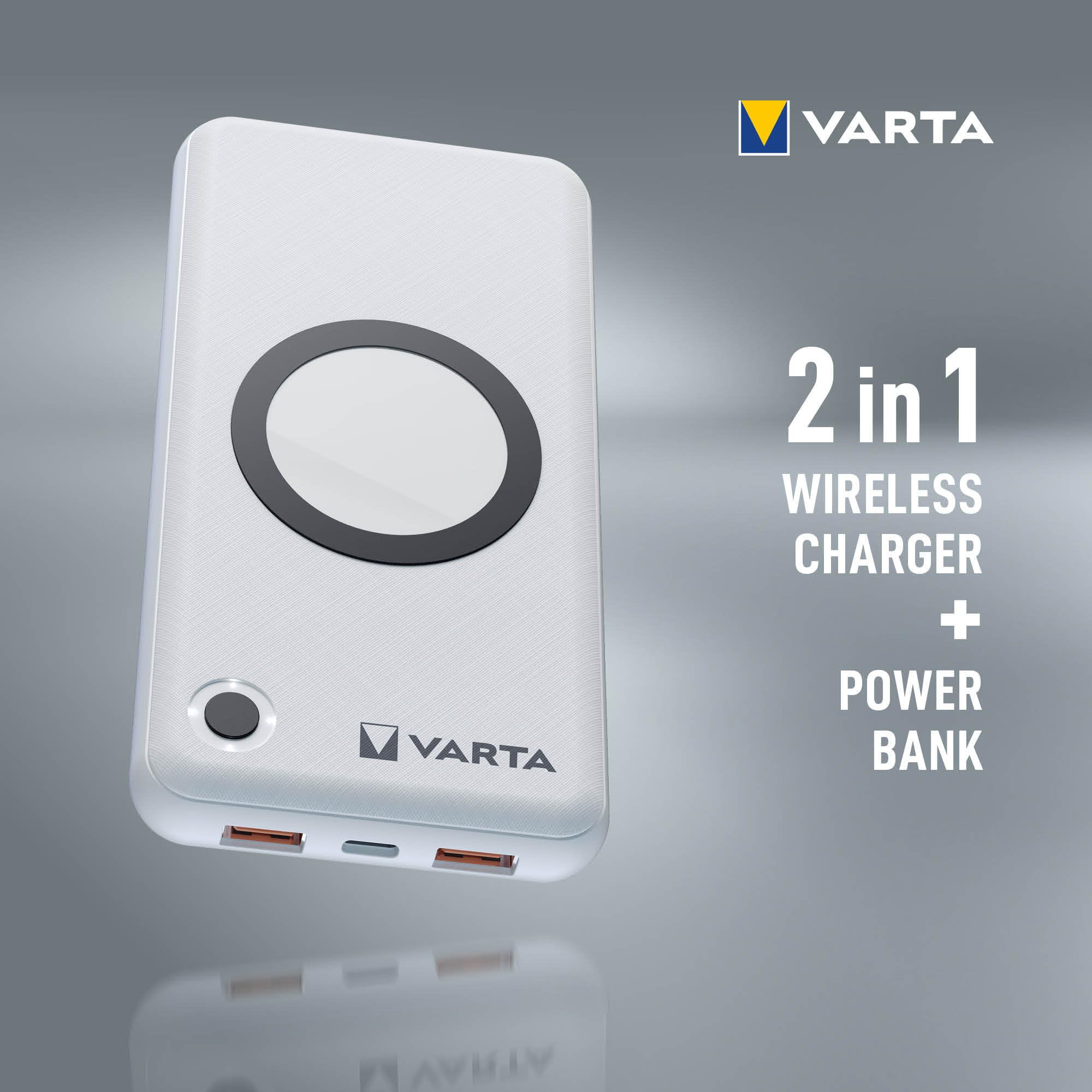 VARTA 57908, Batteria Esterna senza fili, Bianco, 15000 mAh, 160 x 79 x 19.5 mm | power bank 2 in 1 e caricatore wireless, Quick Charge, ricarica wireless, caricabatterie portatile per fino a 4 dispositivi