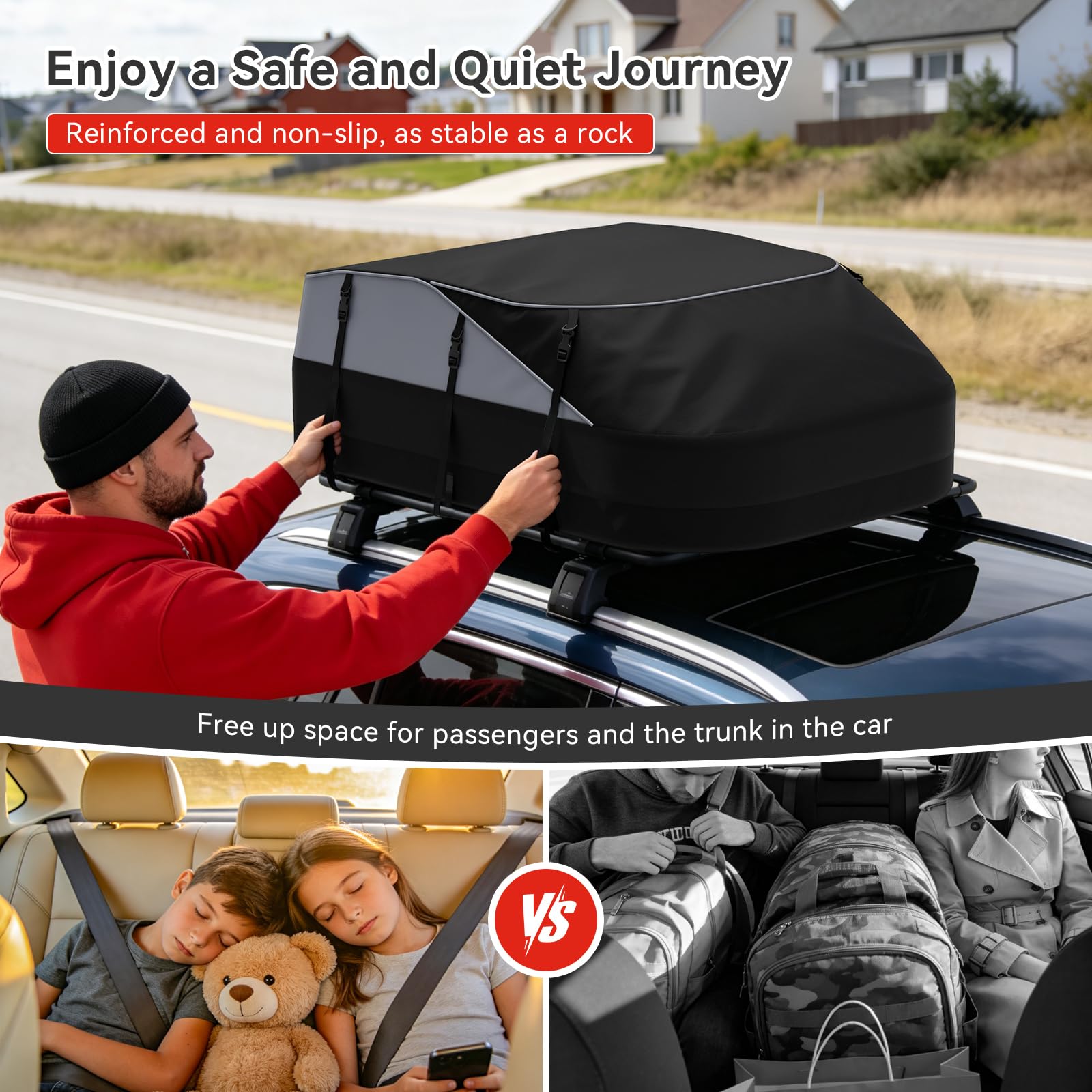 Coffre de Toit Voiture 598L (21 pi³) – Sac de Toit Imperméable 1000D Nylon, 8 Sangles & 6 Crochets, pour Voitures avec/sans Barres de Toit, Voyages et Transport