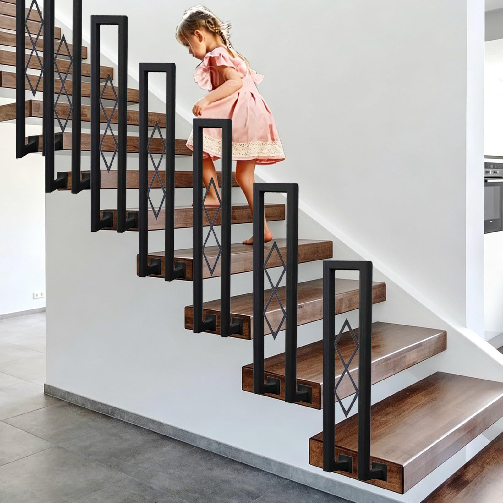 Outdoor Stair Railing Handrail Picket Fits 1 Steps, Wrought Iron Hand Rail for Cement Concrete and Wooden Steps, Side Mount Stair Handrail Guardrail, White/Black(Black,85cm/33in)