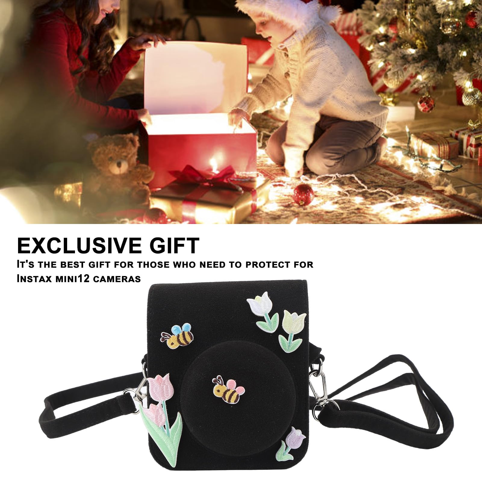 Mbeysaq Mini 12 Camera Black Felt Bag with Tulip Bee Paste - Protective Cover & DIY Decor - Adjustable Shoulder Strap - Lightweight & Scratch