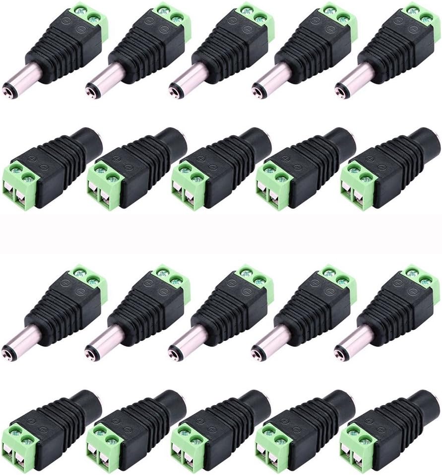 10 Pairs in Pack 5.5mm x 2.1mm 12V DC Power Male and Female Jack Connector Plug Adapter Adaptor for CCTV Camera LED Strips (10pcs Male & 10pcs Female)