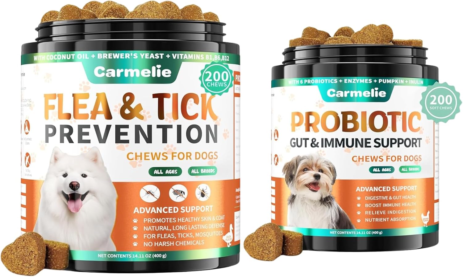 Flea Prevention & Probiotic Chews for Dogs - 200 Each - Natural Flea & Tick Protection + Digestive & Immune Health Support - Duck & Chicken Flavor