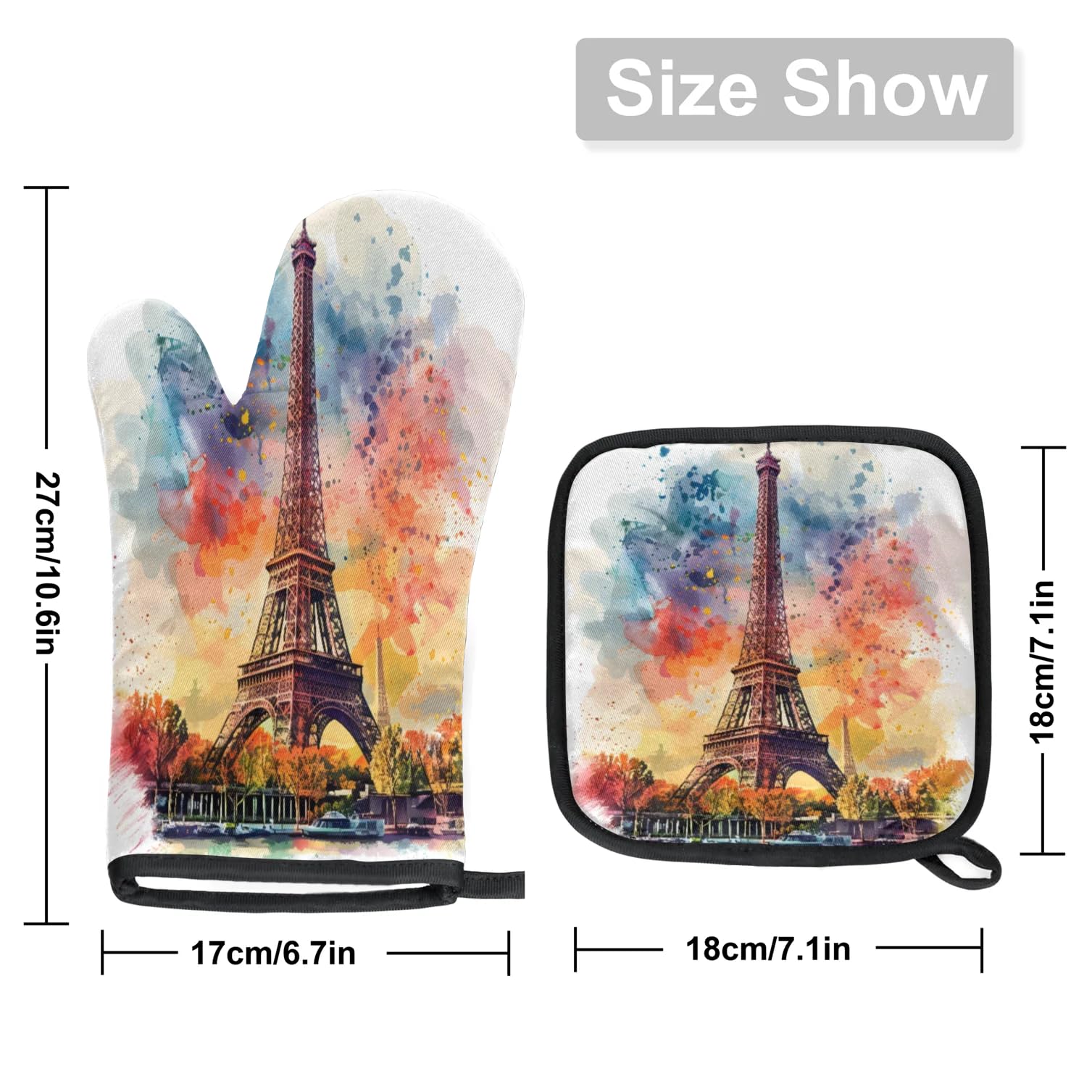 Watercolour Tower Oven Mitts Kitchen Oven Gloves for Cooking Baking Heat Proof Lining Cotton Kitchen Potholder Mittens Pot Holders Hot Pads for Chef Women Men