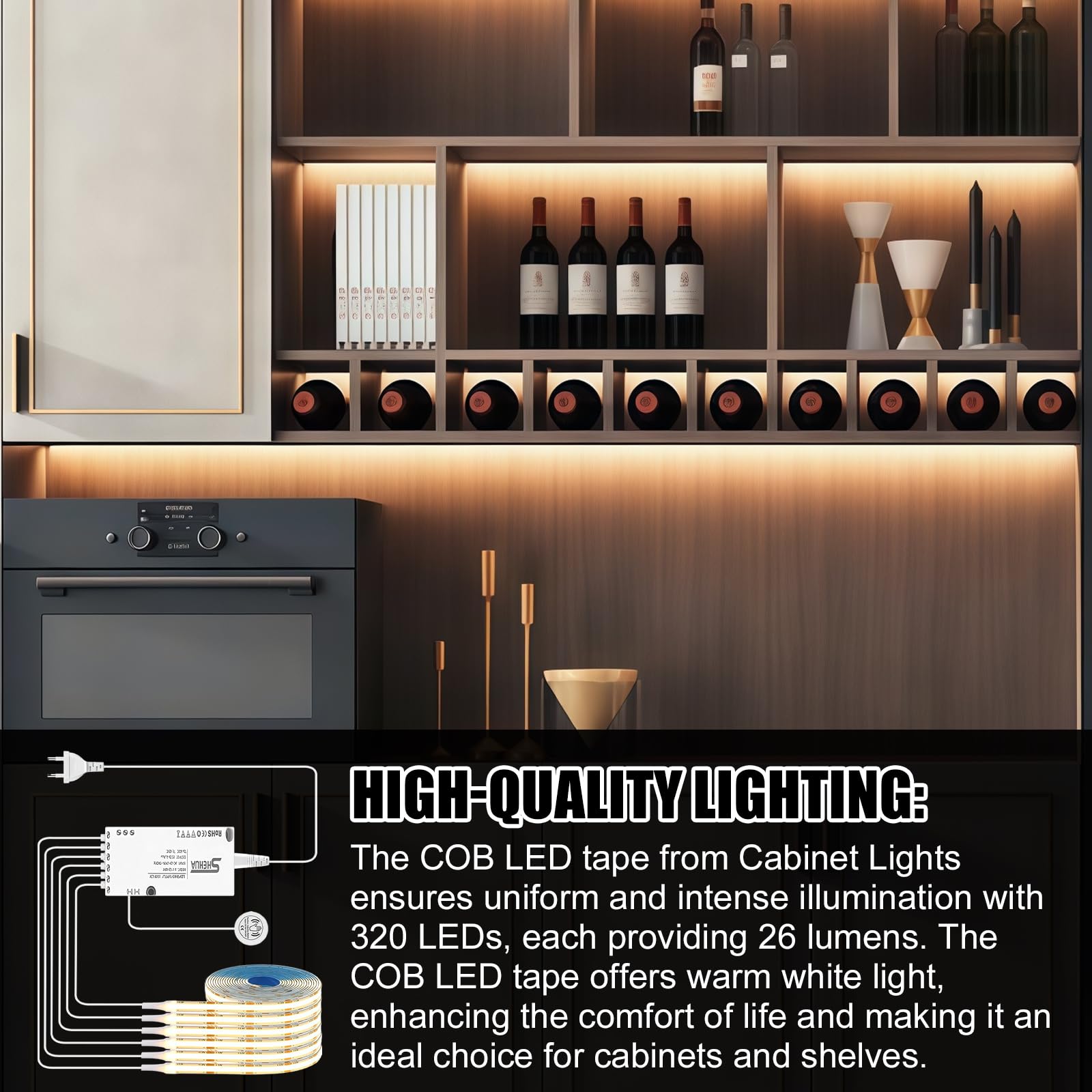 Taśma LED COB, 12 V Cabinet Lights COB LED, 6 rolek 1 m 3000 K ciepła biel taśma LED z dotykowym ściemniaczem, przełączanie światła, do witryn, szafek, szafek na wino, paneli akustycznych, oświetlenie