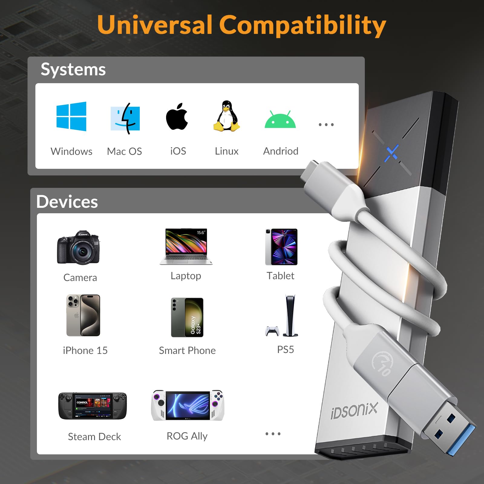 iDsonix Case SSD M.2 [NVMe&SATA], NVMe to USB 3.2 Gen2 10Gbps [Tool Free][Alluminio], Adattatore SSD M.2 NVMe con UASP&Trim, NVMe Enclosure supporta M-Key/B+M Key 2230/2240/2260/2280 SSD