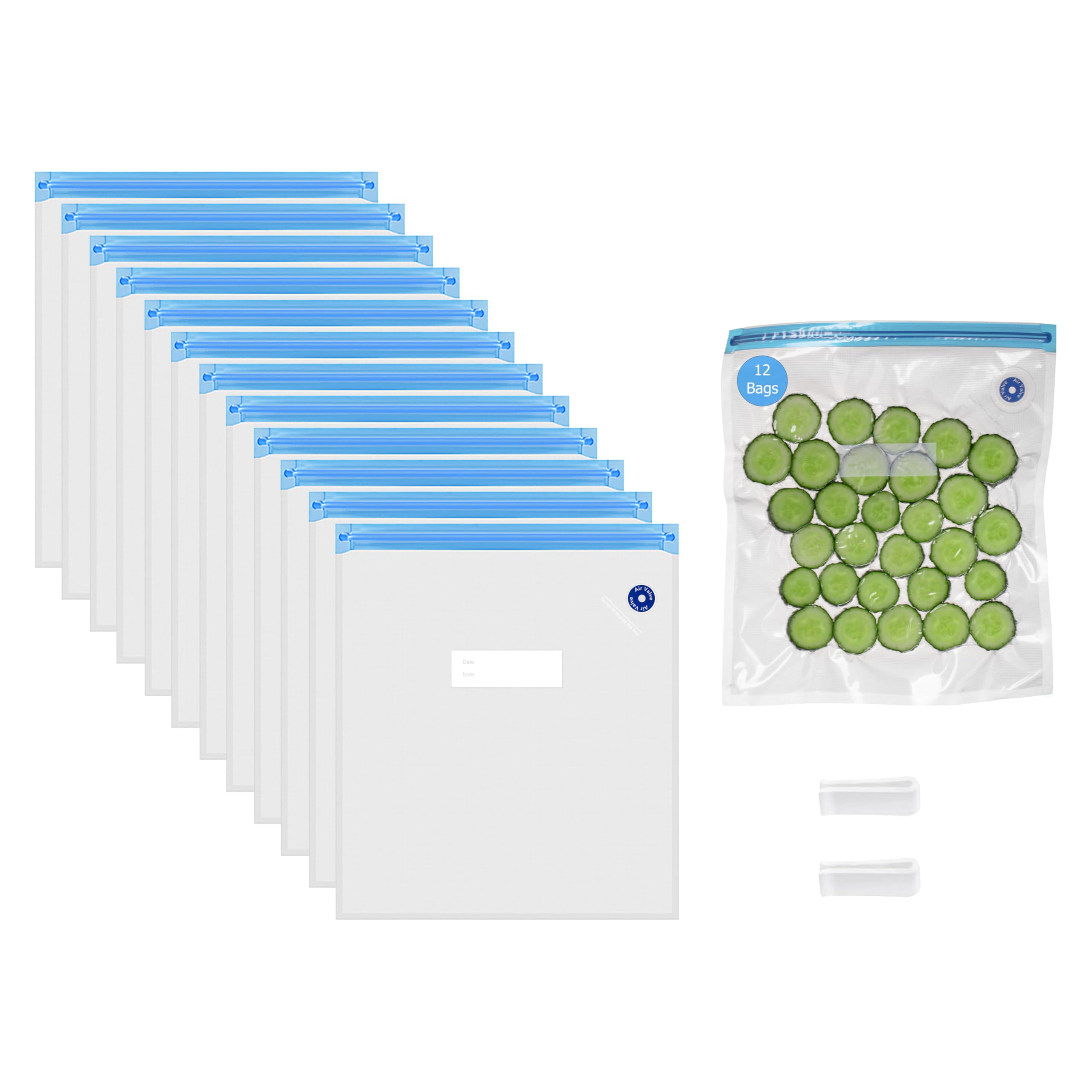 Basicwise 12" x 13" Set of 12 Reusable Airtight and Resealable Food Storage Bags Durable &amp; Convenient Solution for Fruits Fresh Vegetables Cooked Meals &amp; Leftovers Compatible with Most Vacuum Sealers