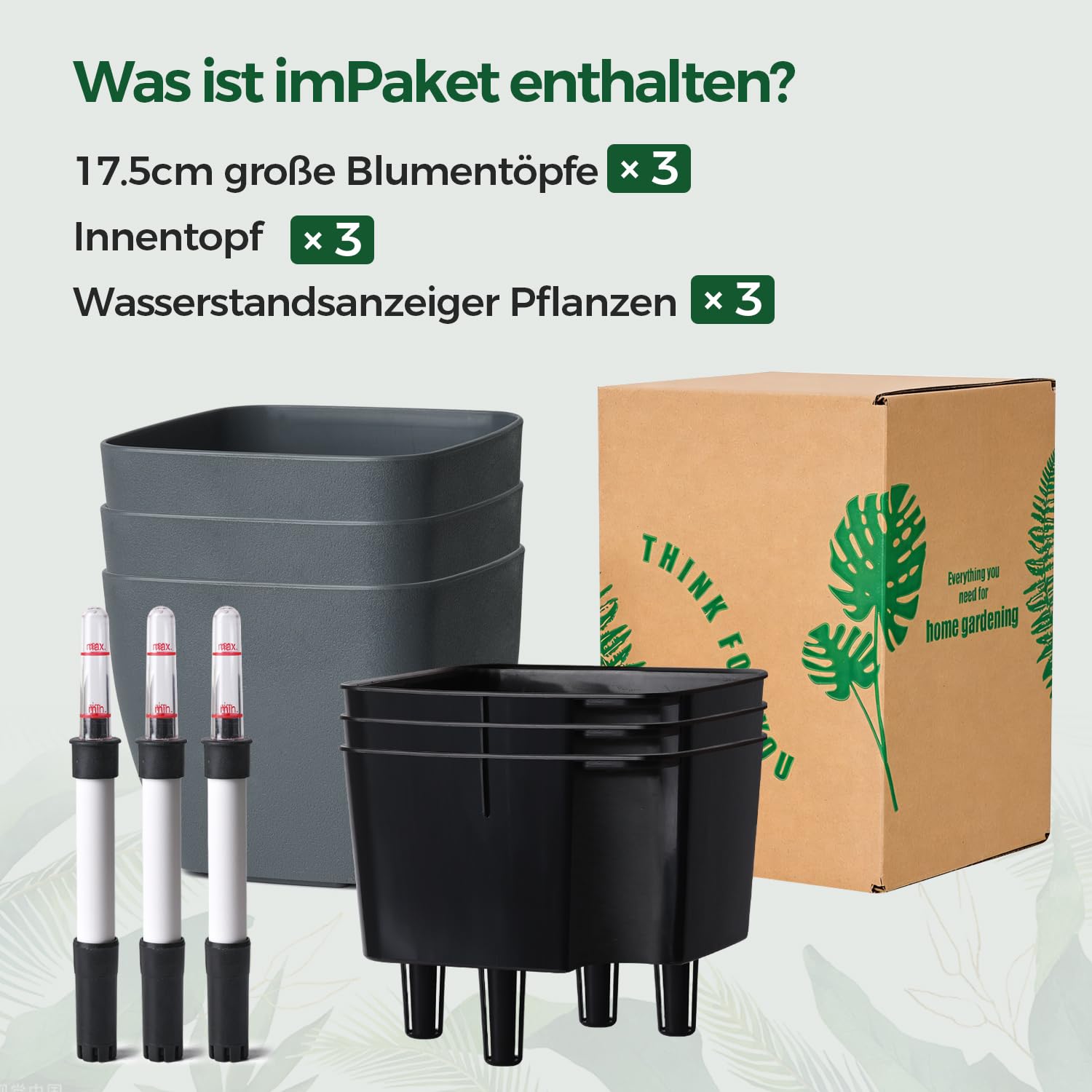T4U 3Pcs 17,5cm Eckig Selbstbewässerungstopf mit Wasserstandsanzeige, Praktischer Blumentopf für vielbeschäftigte Anfänger und Gärtner,geeignet für Geranien/Minze für den Innen und Außenbereich (Grau)