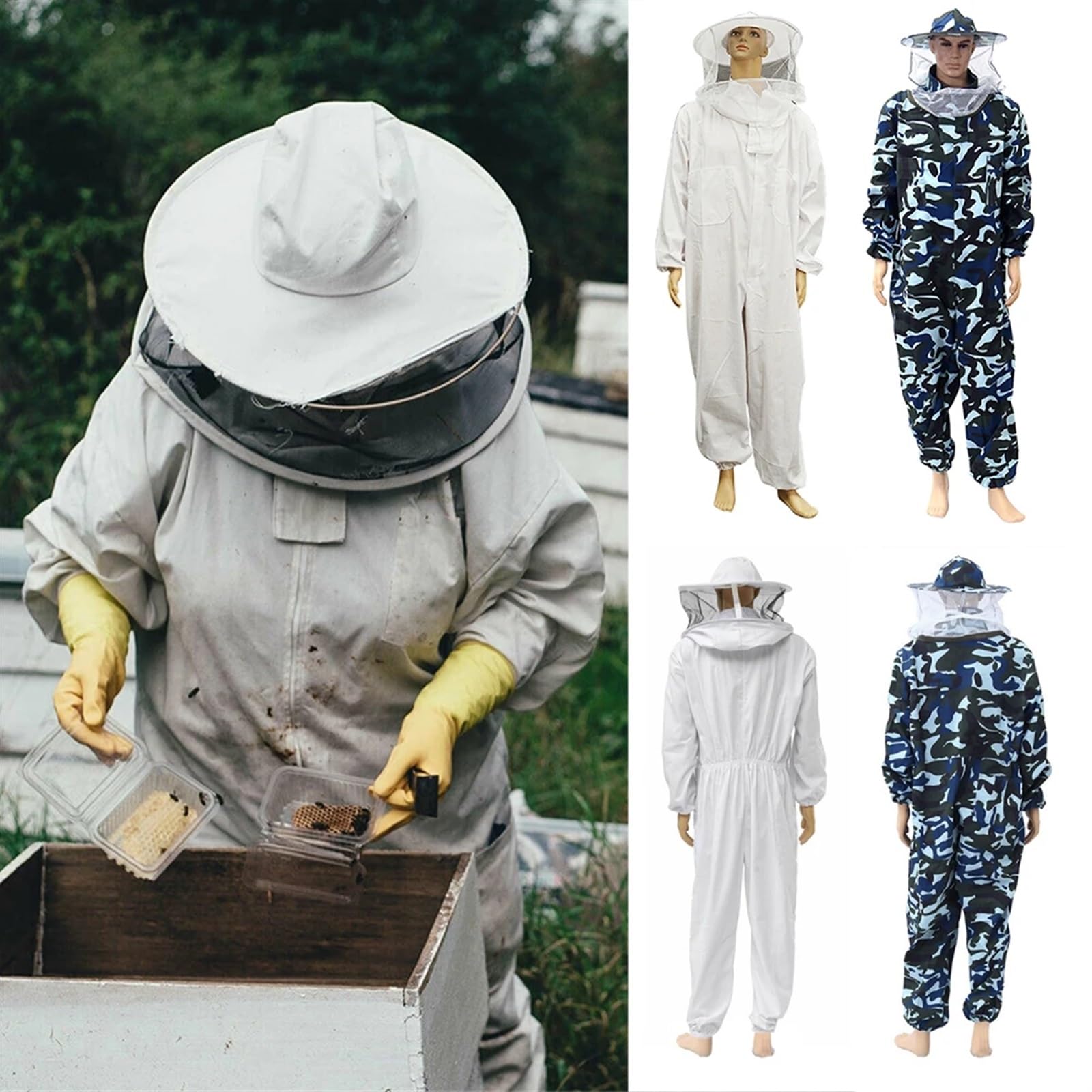 Ropa De Apicultura Traje de seguridad for principiantes con velo, ropa protectora, traje apicultura, sombrero, apicultor profesional, cuerpo completo, antiabejas for el hogar(WHITE,L)