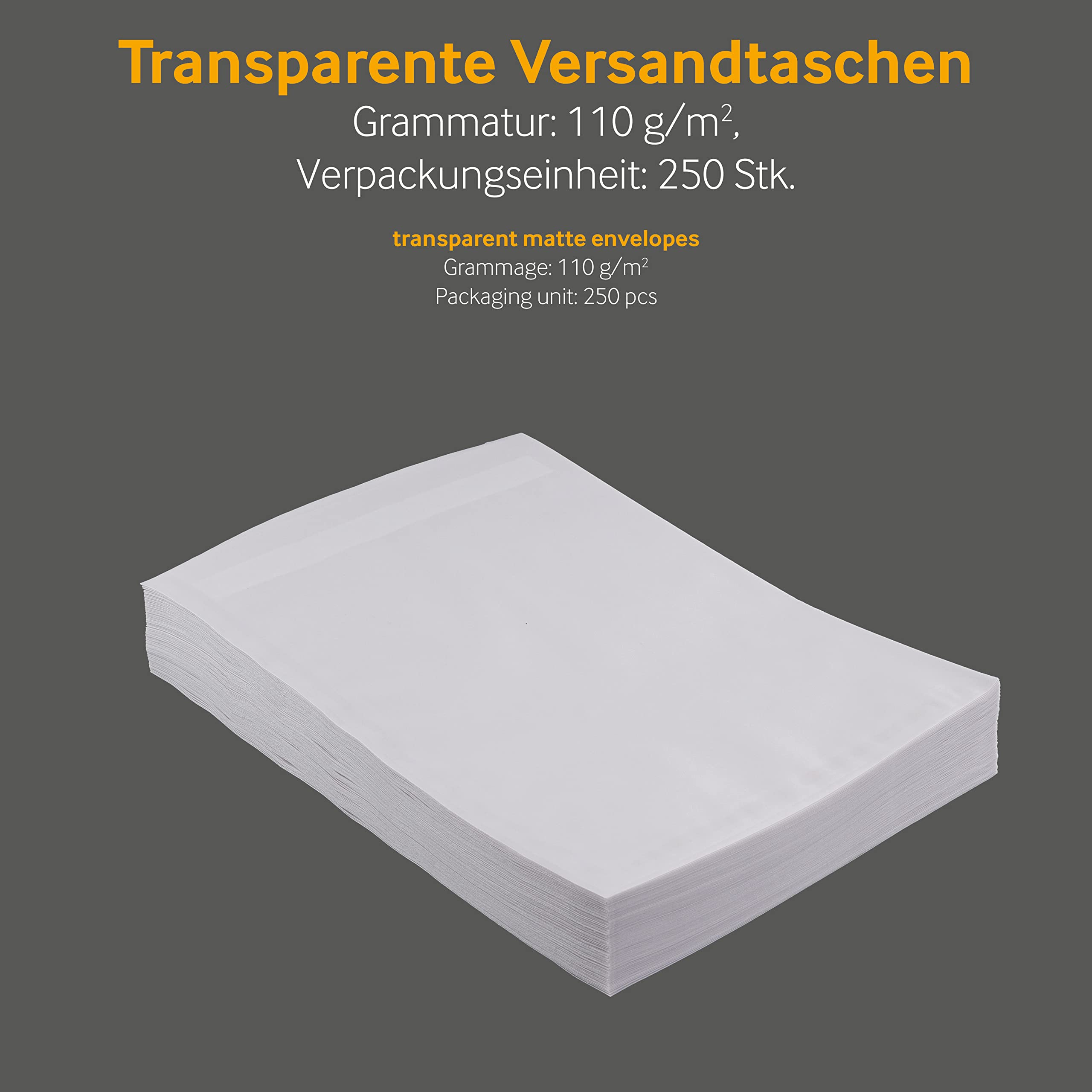 250 Stück, Transparent-Versandtaschen, DIN C4, Haftklebung mit Abziehstreifen, Gerade Klappe, 100 g/qm Offset, Ohne Fenster, Weiß (Transparent-Weiß), Blanke Briefhüllen