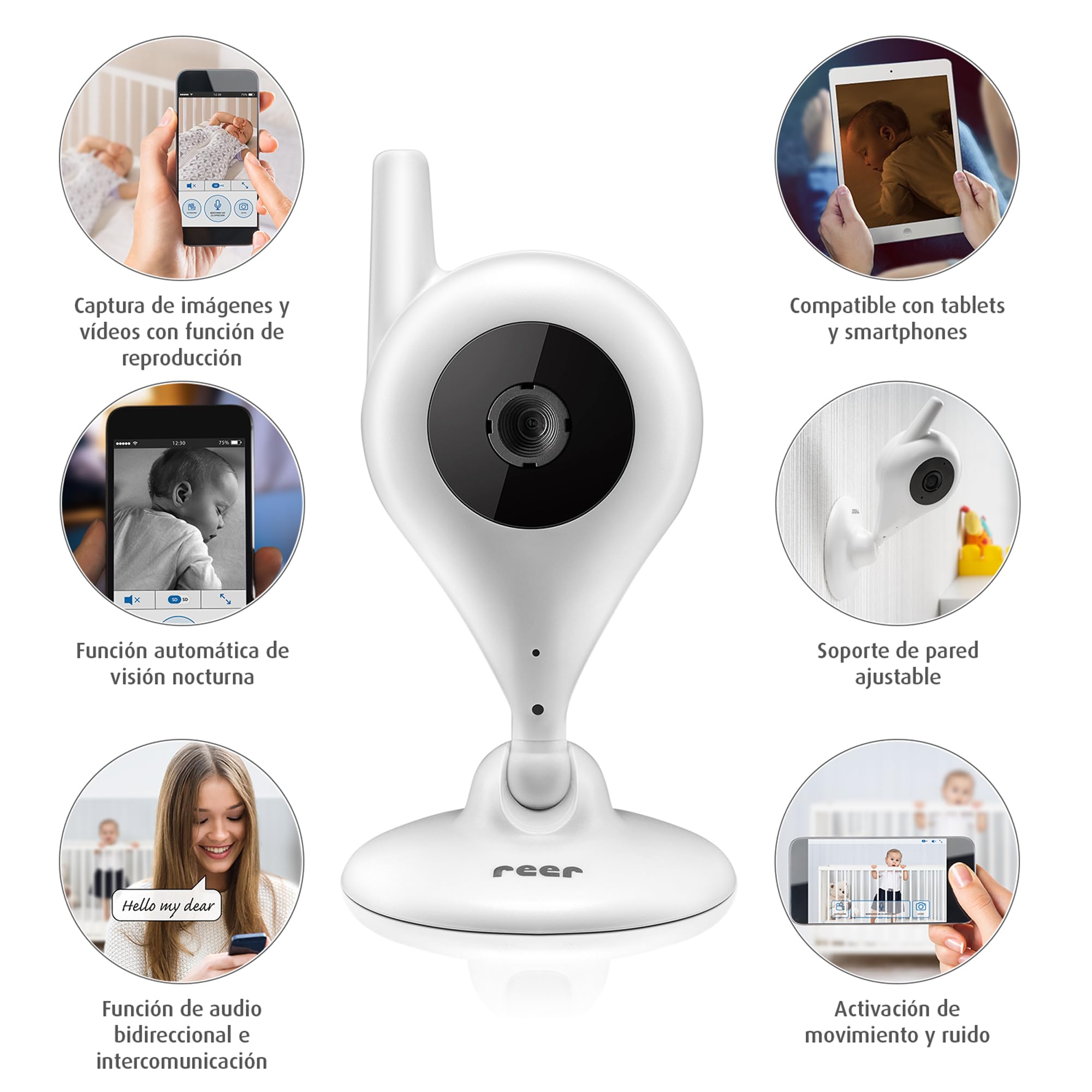 reer Monitor de vídeo para bebés BabyCam y cámara IP, fáciles de configurar, control mediante la aplicación gratuita IP BabyCam White, 1 unidad (paquete de 1), inalámbrico