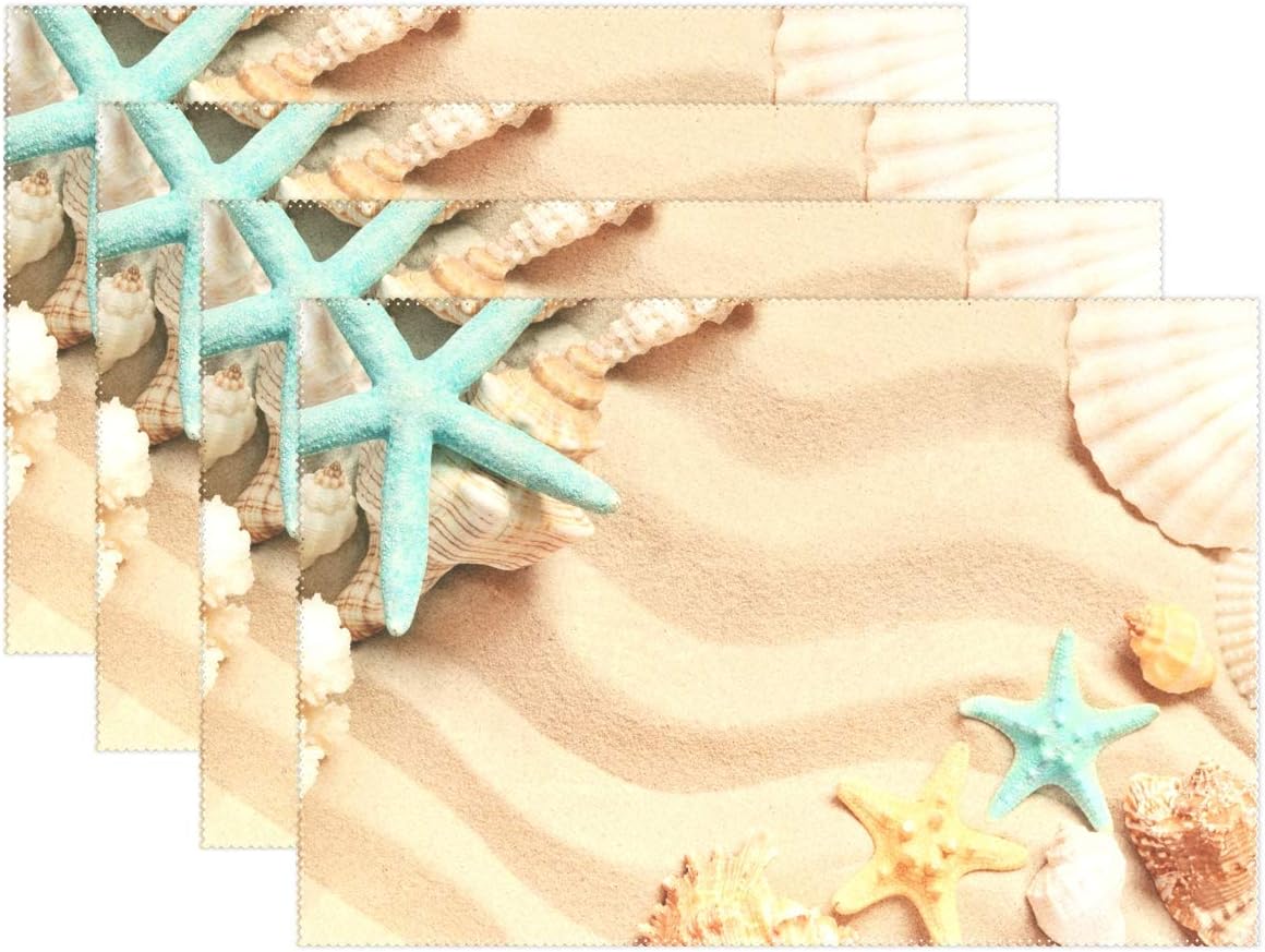 Vawa ランチョンマット おしゃれ 撥水 北欧 貝殻柄 法螺貝 ヒトデ柄 星柄 ビーチ テーブルマット プレースマット 防汚 断熱 大人 子供用 家庭 レストラン用 インテリア 6枚セット 格安saleスタート