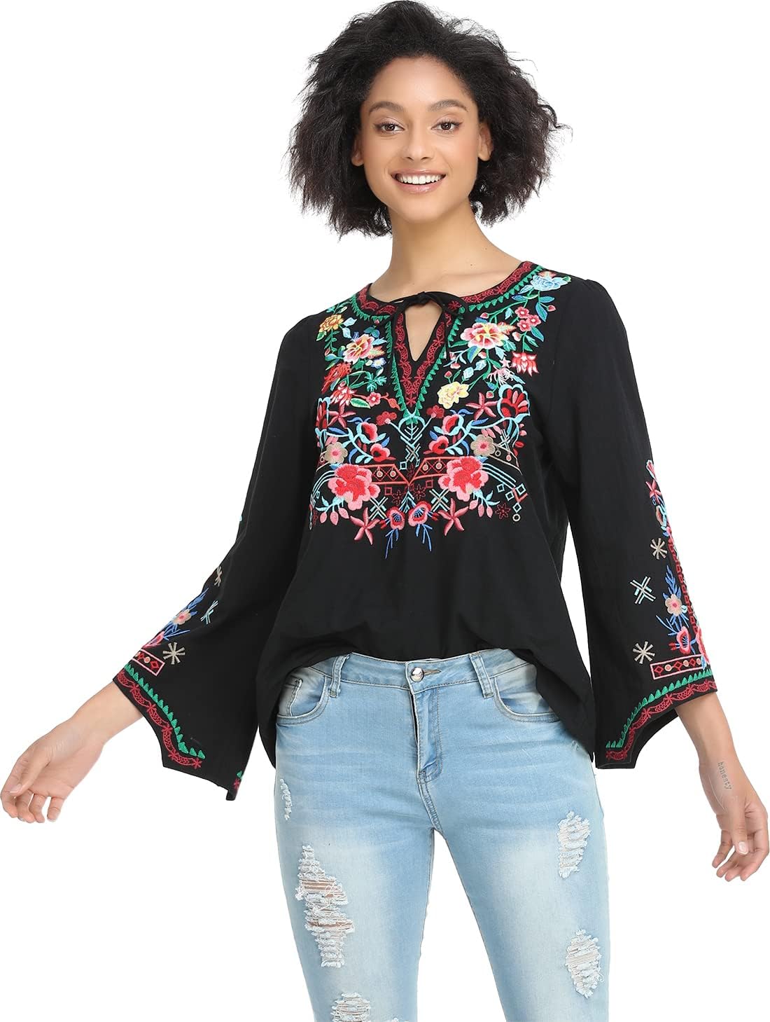 YZXDORWJ Women's Mexican Long Sleeve Blouse Embroidered Traditional V Neck Top Boho Tunic - Image 6