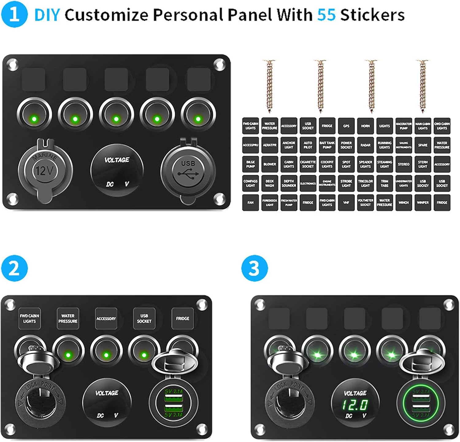 5 Gang Rocker Switch Panel Waterproof 12V Led Aluminum Switch Panel Marine Toggle Switches with Digital Voltmeter Display Dual 2.1A USB Charger Port Socket for Boat Car RV Truck (5 Gang Green) : Automotive