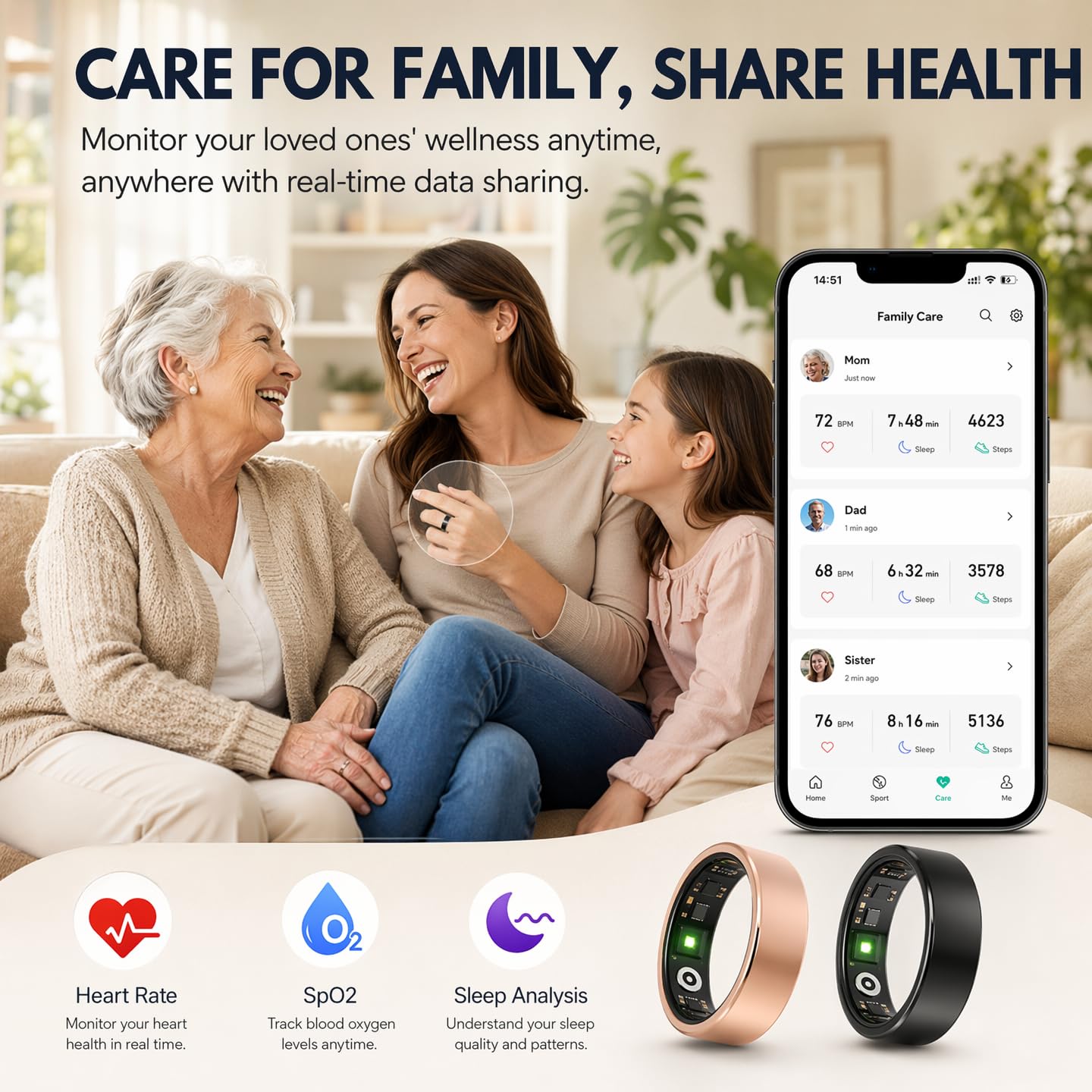 Anello intelligente per monitoraggio della salute da donna e uomo, IP68, impermeabile, con frequenza cardiaca, ossigeno nel sangue, pressione sanguigna, monitoraggio del sonno, contapassi