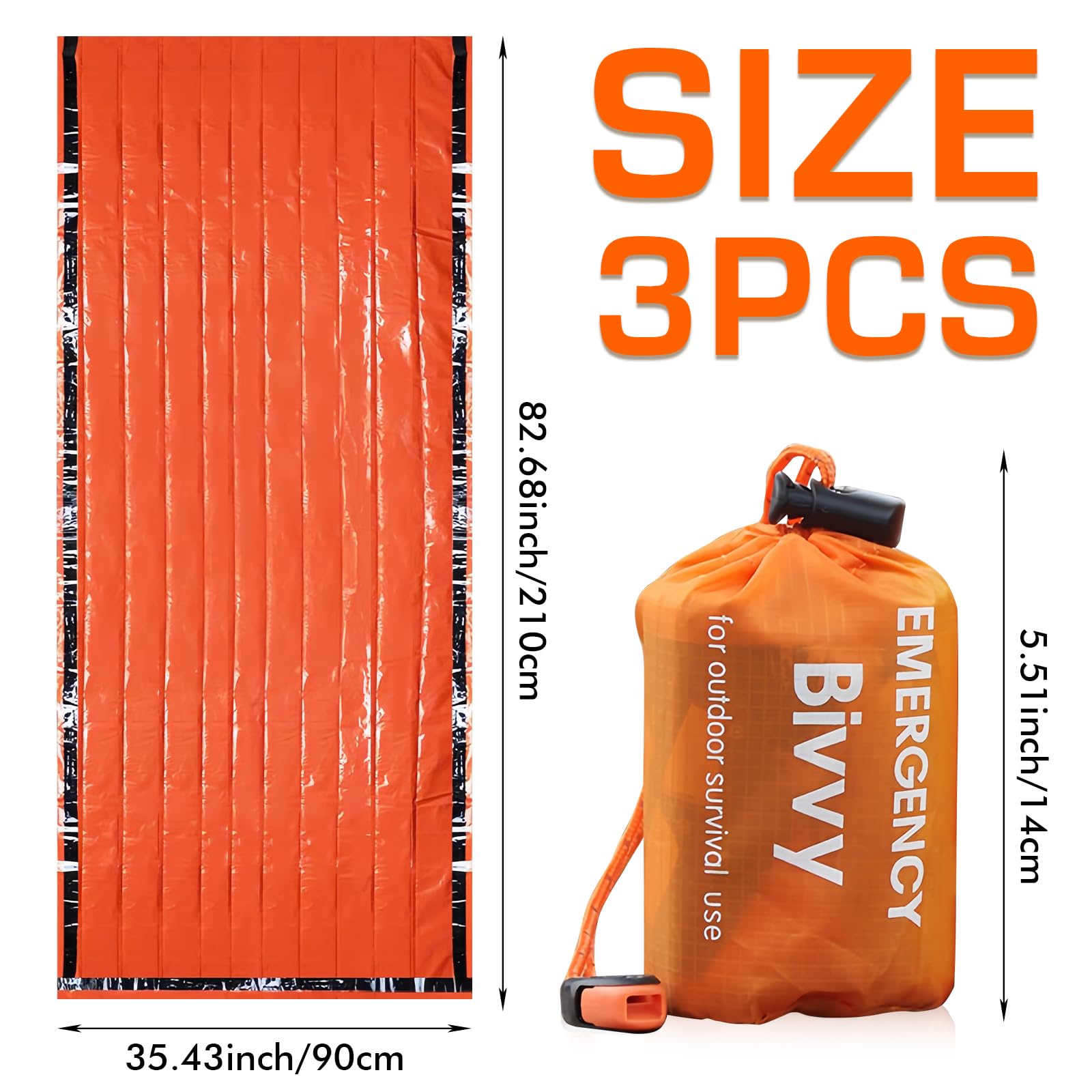 Saco de dormir de emergencia de 3 unidades: saco de dormir de supervivencia de emergencia con silbato, manta de emergencia impermeable, tienda de rescate para exteriores, impermeable,